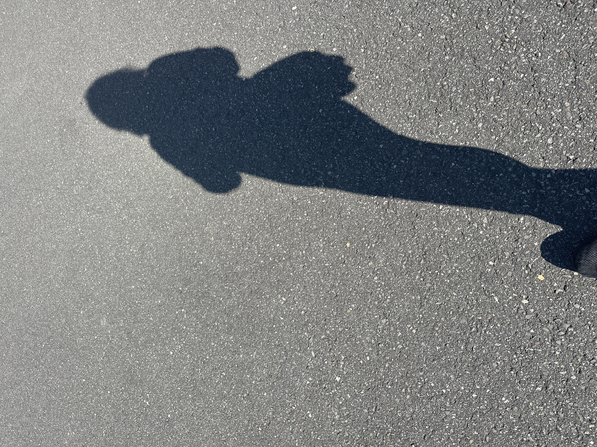 The image shows a shadow of a person on an asphalt surface. The shadow is cast from the right, with the light source high and to the right of the frame. The person appears to be wearing a hooded garment and is holding something in their left hand. The shadow's legs are visible extending down towards the bottom of the frame. The asphalt surface is dark grey and speckled with lighter aggregate. The location is identified as Ossenzijl, Netherlands, suggesting an outdoor urban or semi-urban environment. The scene is static, capturing a moment in time with no discernable action or interaction beyond the presence of the individual casting the shadow.