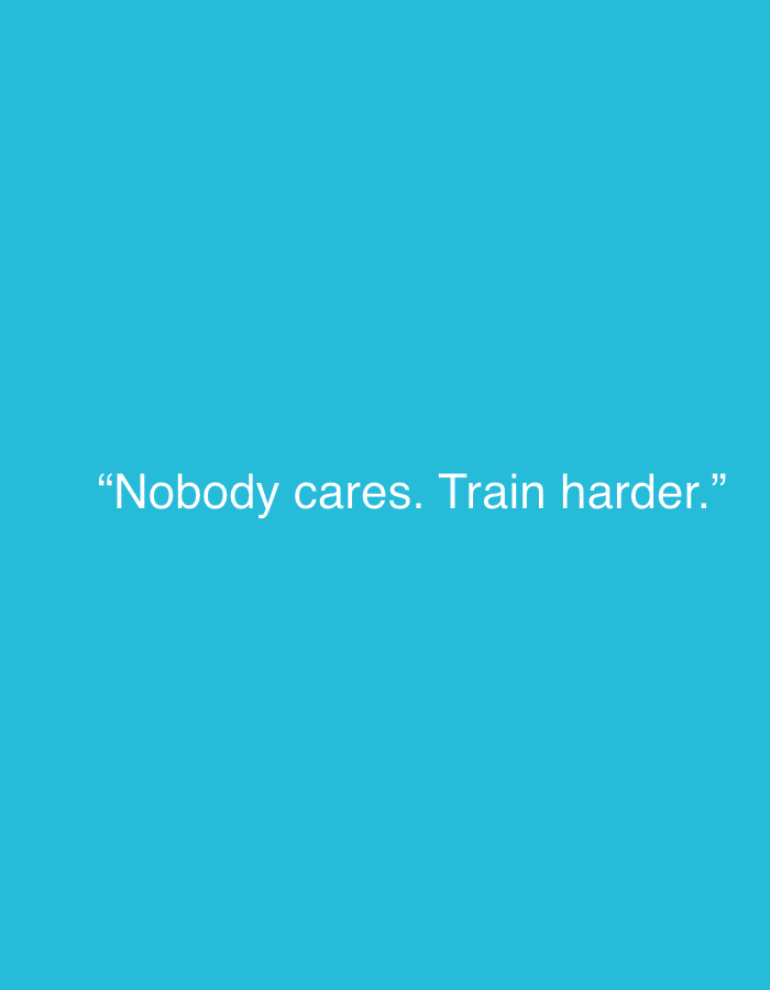 The image displays a motivational quote centered on a solid, vibrant blue (cyan) background. No people or specific objects are visible. The scene is minimalist, focusing entirely on the text against the plain colored backdrop. There is no depicted activity or event.
Notable details include the bold and direct message presented in white, sans-serif font. The text reads: "Nobody cares. Train harder." The quote is enclosed in double quotation marks. The bright blue color of the background evokes a clear sky or an energetic, positive feeling, contrasting with the somewhat stark, tough-love message of the text. The overall impression is one of a strong, no-nonsense call to action, emphasizing personal effort and resilience. There are no cues for time of day, weather, or specific location within Burgas, Bulgaria, beyond the textual content.