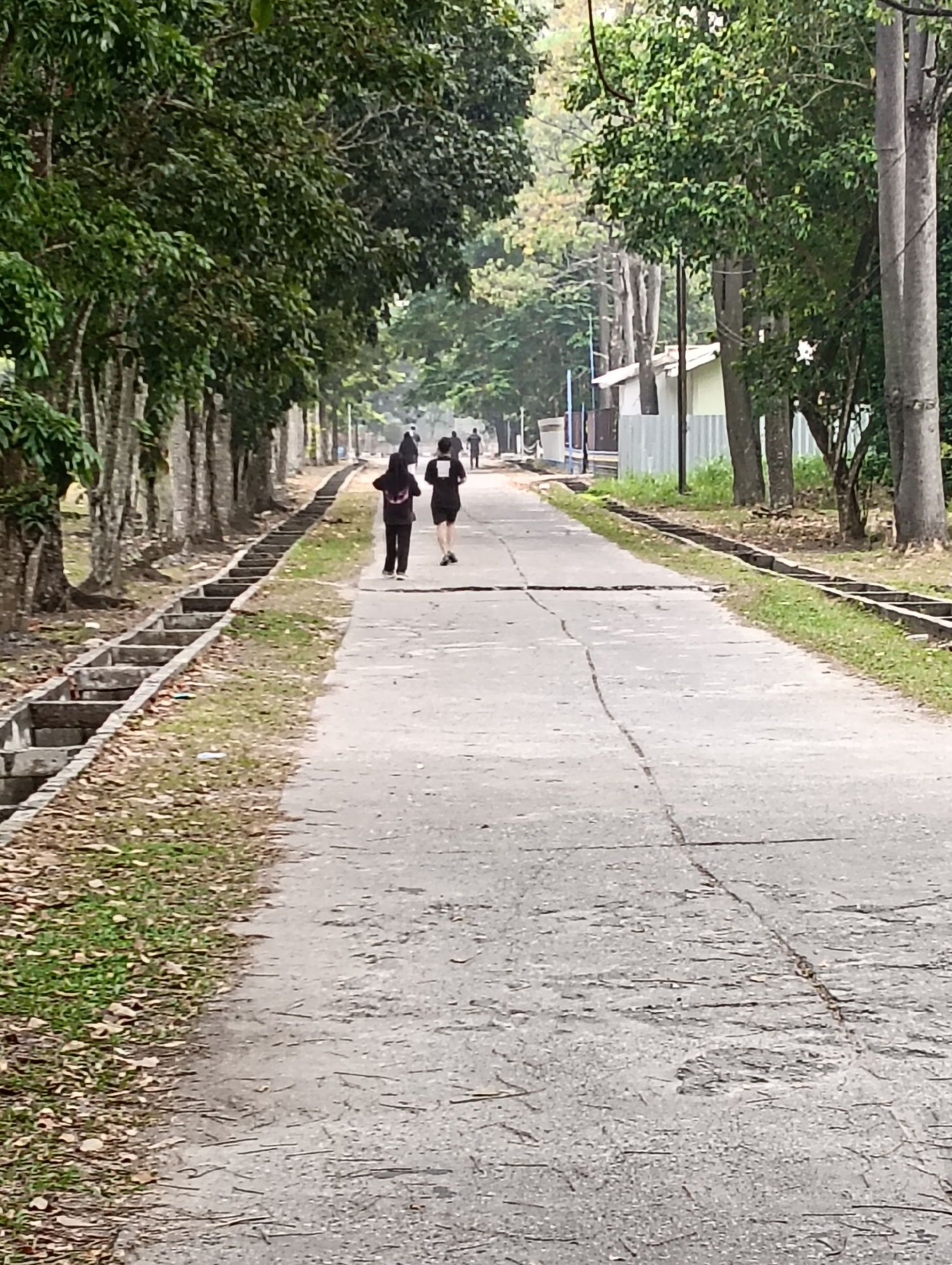 The image shows a paved road lined with trees on either side. On the left, a concrete drainage ditch runs alongside the road. On the right, there are more trees and some buildings. Two individuals are running on the road in the distance, facing away from the camera. The scene appears to be in a park or a recreational area, possibly within the city of Pekanbaru, Indonesia, given the lush vegetation and tropical trees. The road has visible cracks and some debris is scattered on the sides. The lighting suggests it is daytime, possibly morning or late afternoon, with some shadows cast by the trees.