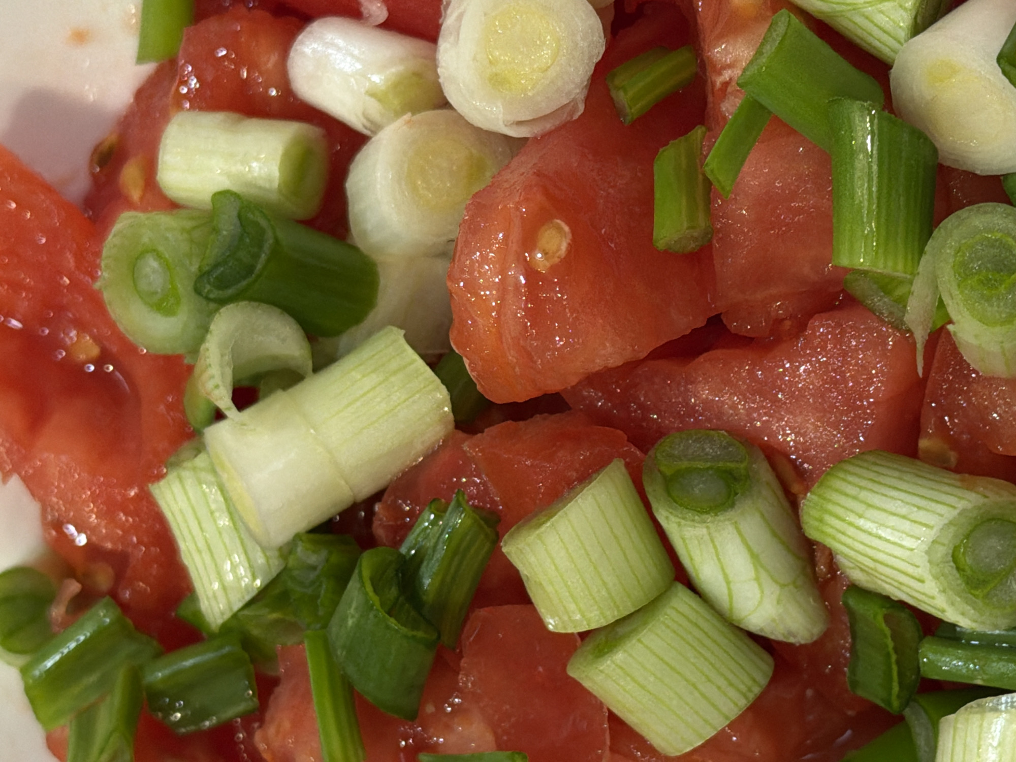 The image shows a close-up of a tomato and spring onion salad. The tomatoes are cut into irregular chunks, and the spring onions are chopped into short segments. The salad appears to be dressed, as the tomatoes have a glossy sheen. There is no indication of the location being Sofia, Bulgaria, or any people, actions, or interactions in the image.