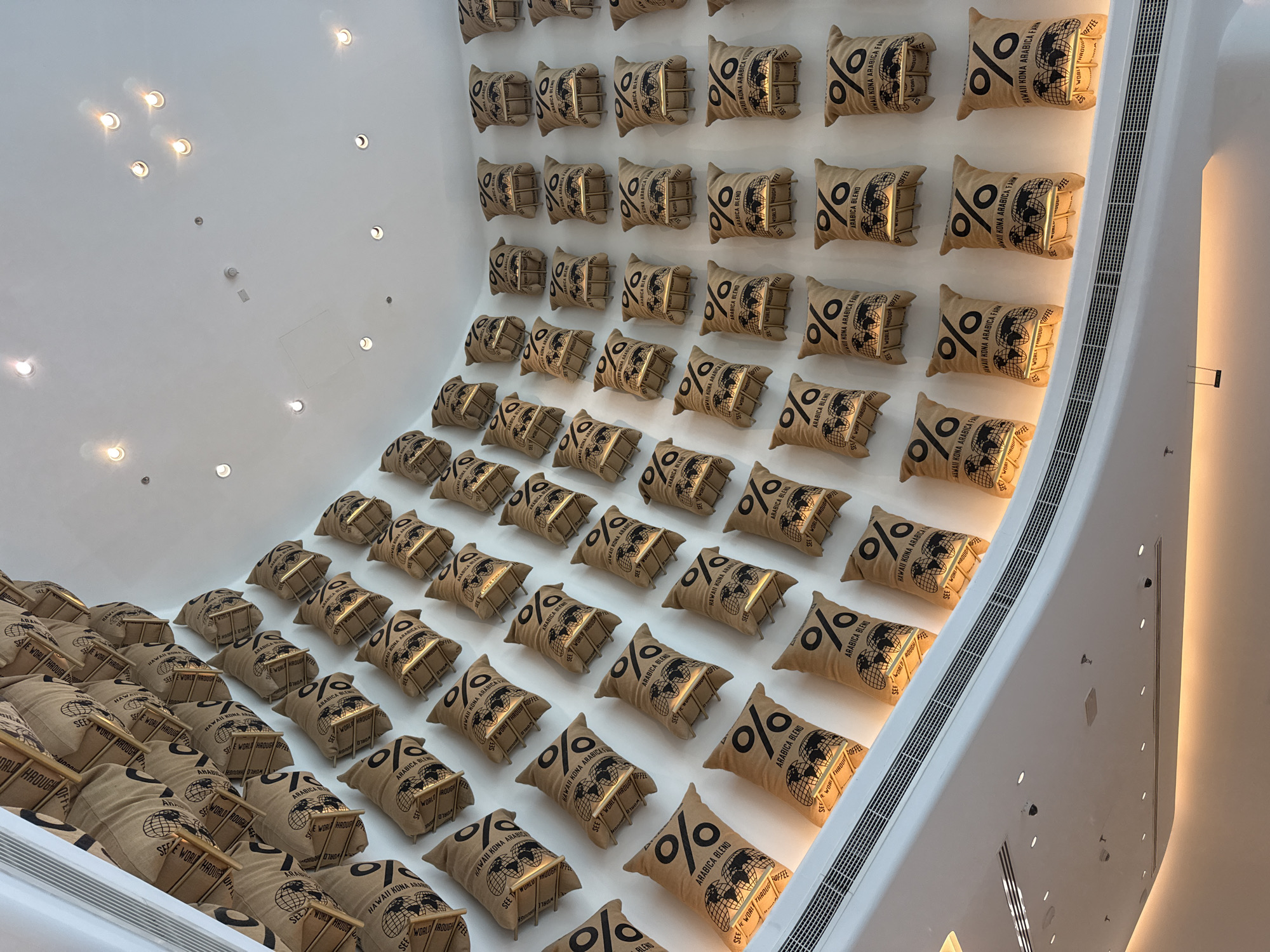 The image depicts an interior wall in Dubai, United Arab Emirates, decorated with numerous small, coffee-bean-filled burlap sacks, each bearing a printed design including the words "HAWAII KONA ARABICA" and a stylized percentage symbol. These sacks are arranged in a grid-like pattern that follows the curved contour of the wall. The wall is white, and the lighting creates highlights and shadows on the sacks. Circular recessed lights are present on the ceiling above. Adjacent to the sacks is a vertical white panel.