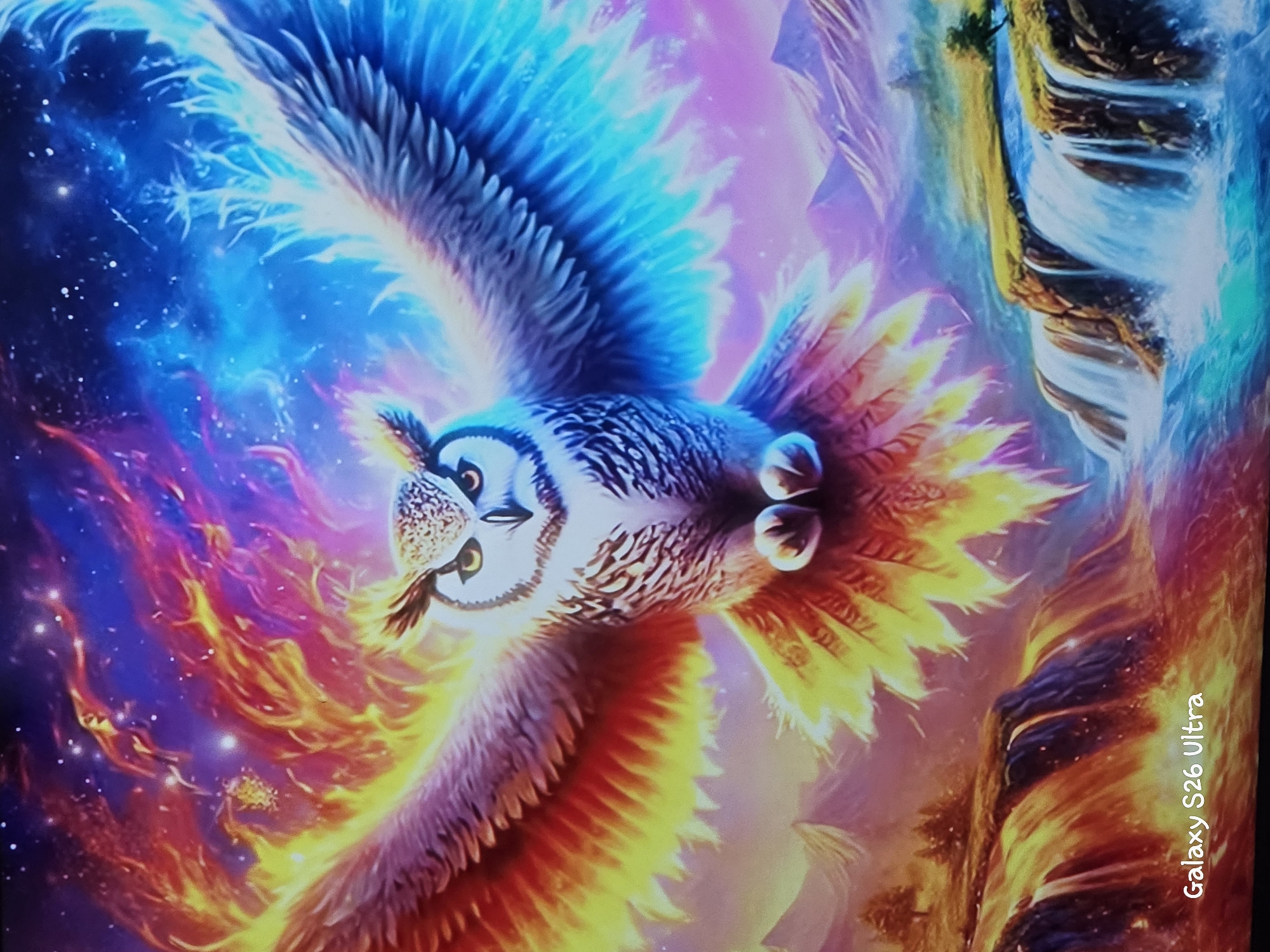 The image depicts a digitally rendered fantasy scene. A large owl with wings outstretched dominates the center, its feathers transitioning from fiery reds and yellows on the left to cool blues and purples on the right, suggesting a contrast of elements. The owl is positioned above a landscape featuring waterfalls and rocky terrain. The background is a cosmic sky with swirling colors and stars. The lower left corner displays the text "Galaxy S26 Ultra". There is no information in the image that relates to the city of Plovdiv, Bulgaria.