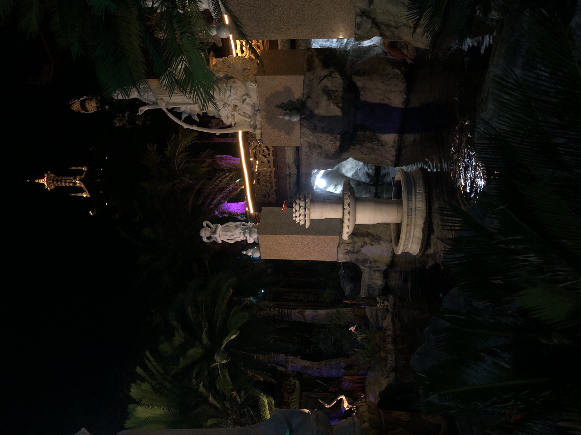This media file depicts an outdoor night scene, likely in Mũi Né, Vietnam, given the context. The focus is on a decorative water feature with statues and lush greenery, primarily palm fronds that frame the scene.
The central element appears to be a multi-tiered fountain with classical-style statues. One prominent white statue, possibly of a deity or a mythological figure, is visible in the upper left. Another smaller white statue, resembling a seated figure, is positioned on a ledge in the mid-left. The fountain structure itself is made of stone and has ornate carvings. Illuminated by artificial lights, the water cascades down, creating reflections on the dark surface.
The surrounding area is densely planted with palm trees, their fronds creating a dark, shadowy canopy. Some of the greenery is illuminated by purple and yellow lights, adding a dramatic effect to the nighttime ambiance. In the background, a structure resembling a pagoda or a temple with intricate details and glowing yellow lights is visible, reflected in the water.
The scene evokes a sense of tranquility and mystique, characteristic of a well-lit garden or resort at night. The lighting suggests a warm, perhaps humid, climate typical of a tropical evening. There is no visible text in the image. The overall impression is one of a beautifully landscaped area designed for nighttime viewing.