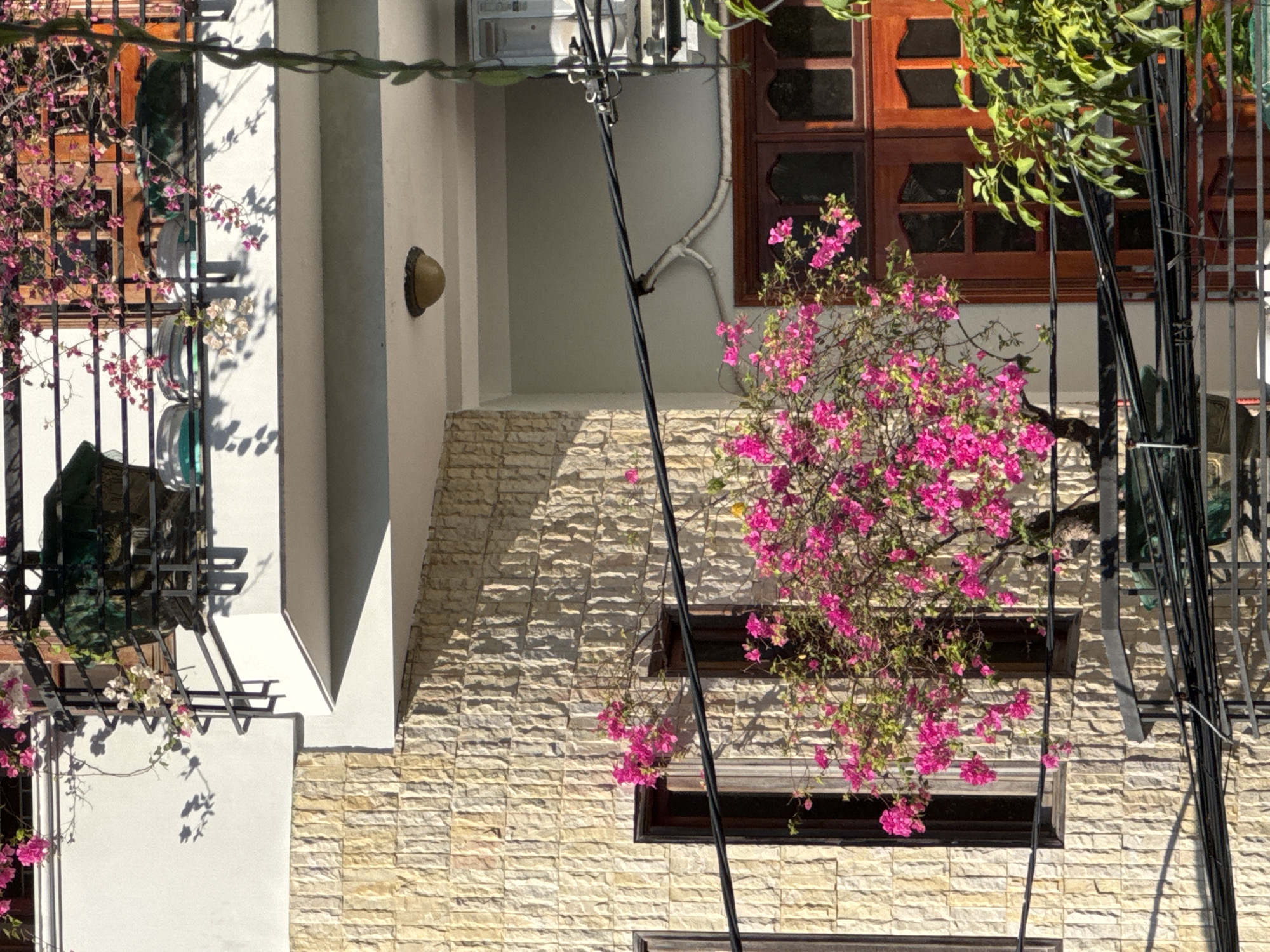 The image depicts a close-up view of a multi-story building exterior in South Quy Nhon Ward, Vietnam. The facade features a section of light-colored textured stone, contrasting with sections of white painted wall. A balcony with a black metal railing is visible on an upper level, adorned with flowering bougainvillea in vibrant pink and white. Below, another balcony or ledge supports a small tree also bearing pink bougainvillea. Two dark wooden framed windows with multiple panes are set into the stone wall. Electrical wires and conduit run horizontally across the frame in the foreground and midground, obscuring parts of the building and vegetation. On the right side of the image, a segment of a dark wooden door or window frame with intricate pane detailing is visible. Green foliage from a separate plant emerges from the lower right corner. The lighting suggests it is daytime with strong sunlight casting shadows.