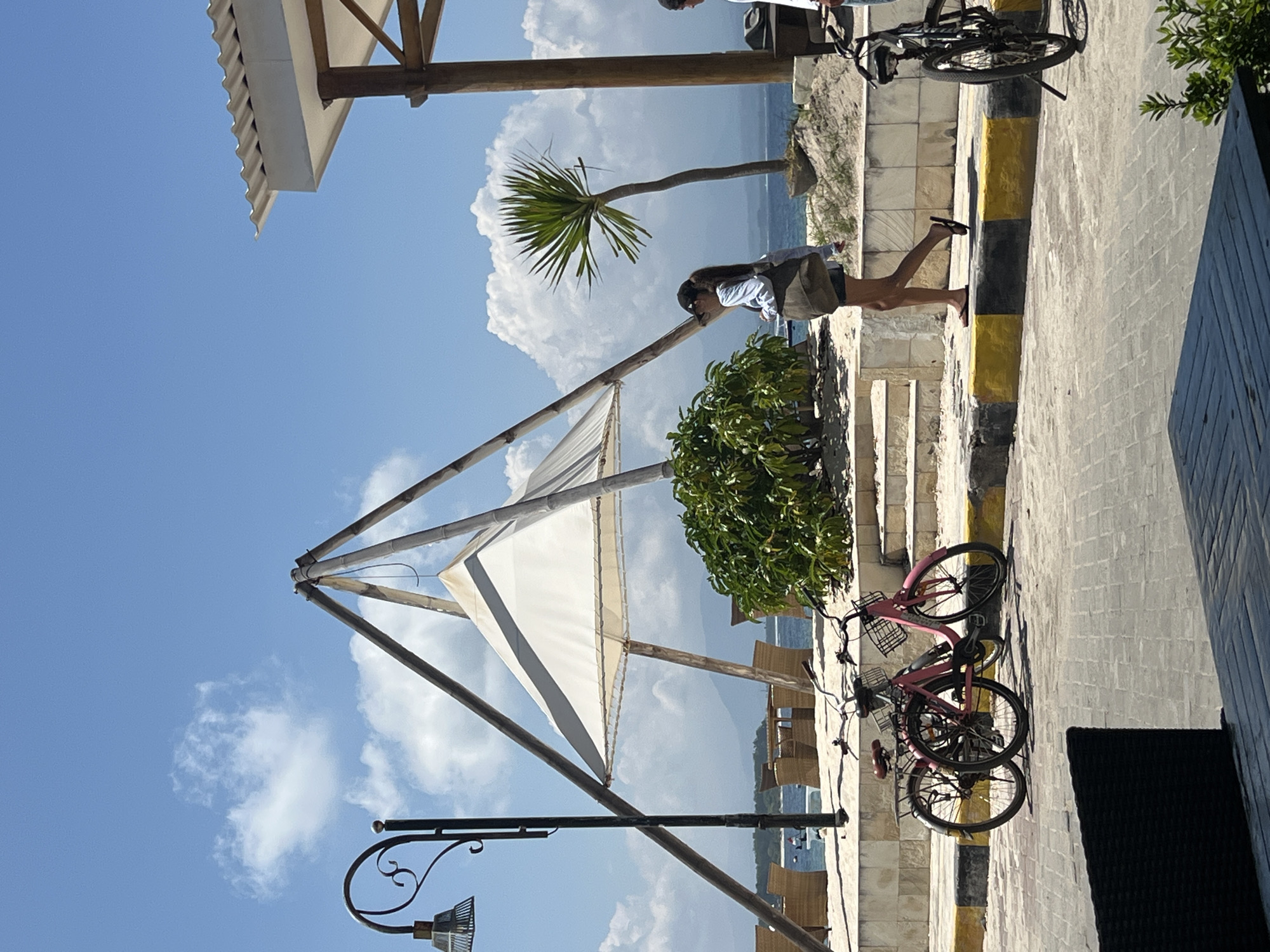 An eye-level outdoor shot presents a scene at an unknown location in Indonesia, as evidenced by metadata. The picture plane is oriented with the camera rotated clockwise.
In the foreground, there are a black wrought-iron streetlight and a white shade supported by wooden beams. Two pink bicycles are parked. The background showcases a lush green bush and a young woman bends over to look at something along the stone wall, near a yellow and black curb.
Beyond the wall, the ocean is visible, and the horizon is obscured by clouds. One lone, slender palm tree stands near the water's edge, blending into the clouds. The sky, a bright blue, hosts fluffy white clouds.