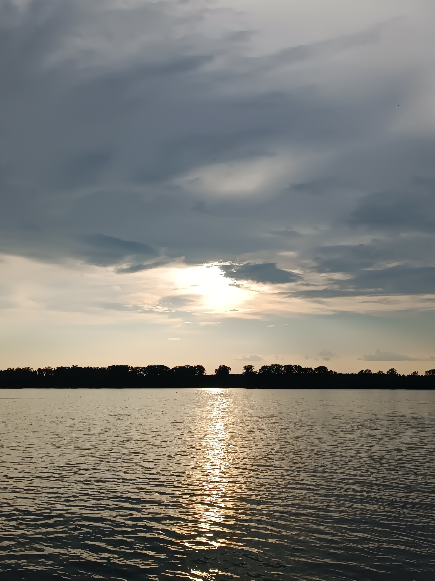 The image depicts a serene natural landscape with a wide body of water in the foreground and a silhouetted tree line in the background, under a dramatic sky. The sun is partially obscured by clouds, casting a golden glow and creating a shimmering reflection on the rippling water. The scene is likely a river, lake, or bay, characteristic of the landscape around Chaikovsky, Russia, known for its proximity to the Kama River and the Votkinsk Reservoir. The time of day appears to be either sunrise or sunset, given the low angle of the sun and the soft, diffused light. There are no people or man-made structures visible, emphasizing the untouched, natural beauty of the environment.