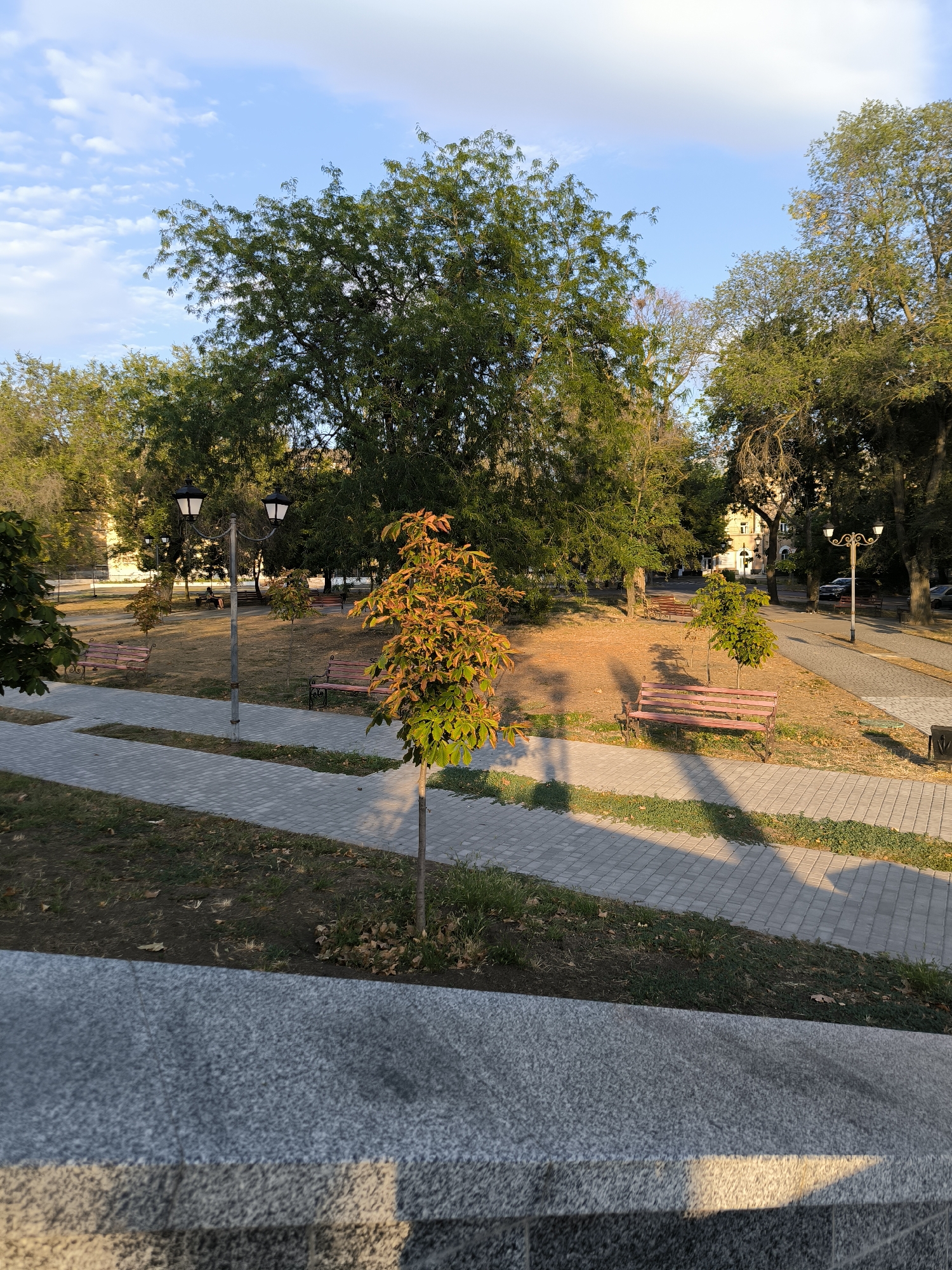 The image shows a park in Mykolaiv, Ukraine. In the foreground, there is a granite ledge. Beyond this ledge is a paved pathway made of grey interlocking stones. To the left of the pathway is a patch of dry grass with fallen leaves. To the right of the pathway, there are more paved areas and patches of grass. In the middle ground, there is a small tree with yellow and orange leaves, casting a shadow on the pathway. Further back, there are several park benches, some with pink seats and dark legs. A tall lamp post with two lights stands near the pathway. More trees, some with green leaves and others with autumnal colors, are visible throughout the park. In the background, there are buildings and more trees. The sky is blue with scattered white clouds. The scene appears to be a quiet public park in the late afternoon or early evening.