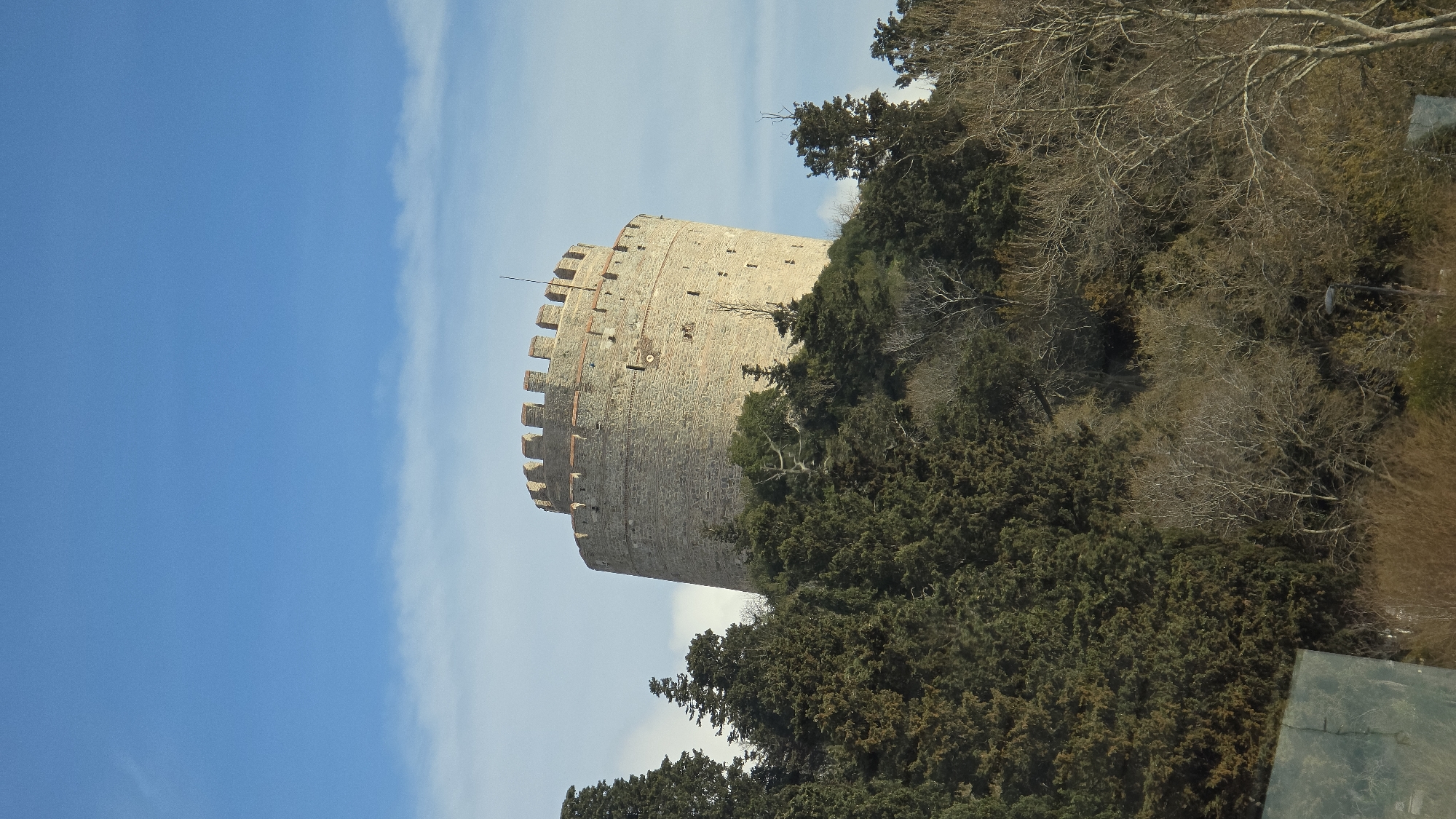 The image shows Rumeli Hisarı in Sarıyer, Turkey. The cylindrical stone tower is partially obscured by trees and positioned against a blue sky with wispy clouds. The tower has battlements at the top. The vegetation is a mix of evergreen and deciduous trees. The bottom right corner shows a green, flat surface.