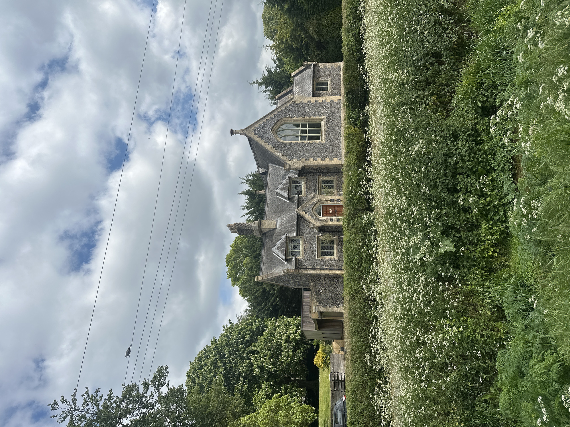 A vertical landscape photograph shows a large, multi-story house in West Suffolk, United Kingdom. The house, constructed of grey stone with a darker grey tiled roof, has a distinctive Gothic Revival architectural style. A thick hedge of green foliage and small white flowers runs along the right side of the frame, partially obscuring the house. The house itself has multiple windows of varying sizes and styles, including a large pointed arch window at the top. There are trees of various types behind the house, with some greenery spilling over the roofline. Power lines are visible against a cloudy sky in the upper left of the frame. A portion of a parked car is seen in the lower right corner.