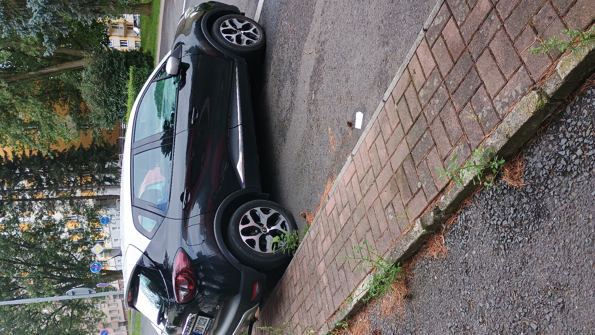 A black Renault Captur with a white roof is parked on the side of a street in Sokolov, Czechia. The car is oriented diagonally, facing away from the camera. It has a license plate that reads "BK3 0328". The vehicle is parked next to a brick sidewalk. The sidewalk is bordered by a curb and has some sparse vegetation and pine needles growing along its edge. Beyond the sidewalk, the street surface is asphalt. In the background, there are trees, buildings, and street signs. The overall scene appears to be a street view in a residential or commercial area.