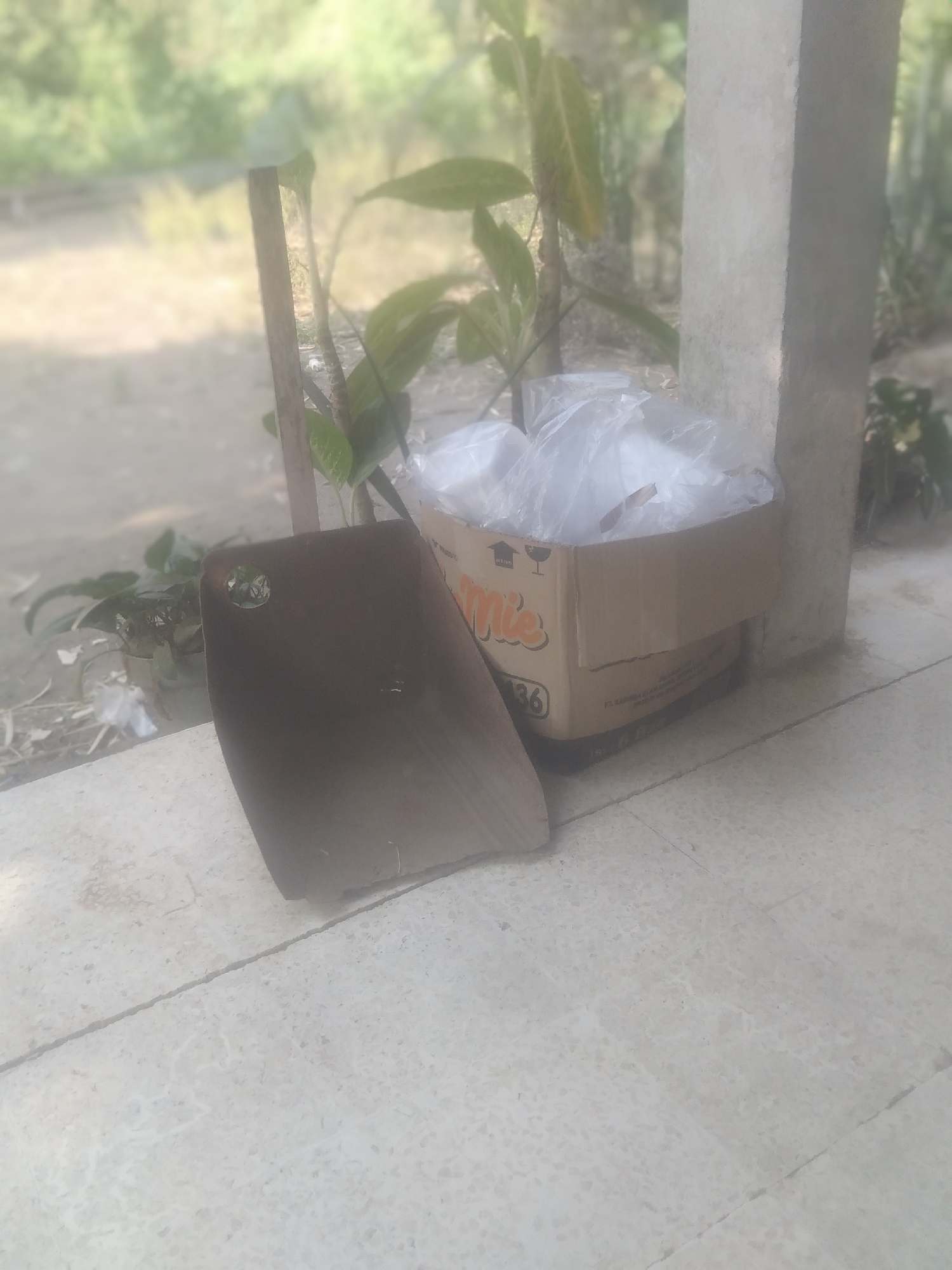 A brown, curved object, possibly a piece of wood or a large, flattened seed pod, rests on a light-colored tiled surface in front of a cardboard box filled with white plastic bags. The box has the word "Mie" printed on its side, suggesting it is a food product container, and the number "36" is also visible. Behind the box, a concrete pillar stands tall, and a blurry background shows greenery and a dirt path. The overall scene suggests an outdoor or semi-outdoor setting, possibly a backyard or a side area of a building. The lighting indicates it is daytime. The location is described as Plemahan, Indonesia.