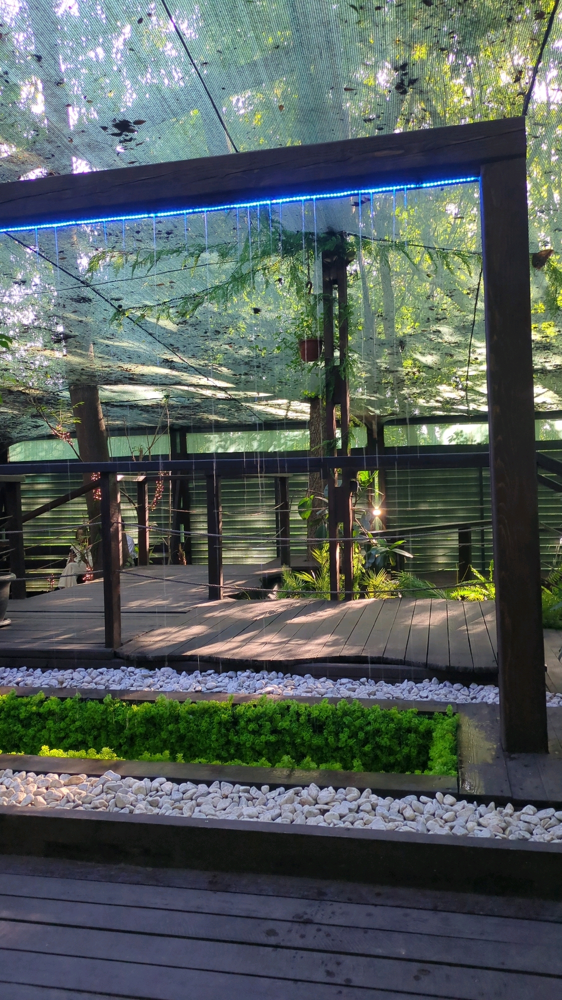 The image depicts a modern outdoor seating area with a wooden deck and surrounding greenery. A canopy made of netting stretches overhead, allowing dappled sunlight to filter through. A row of blue LED lights is installed along the underside of a wooden beam, casting a cool glow. Water droplets are visible falling from the canopy, suggesting a recent rain shower or misting system.
The deck is constructed from dark wooden planks and features a raised section with a railing. In the foreground, there are planter boxes filled with vibrant green bushes and white stones. Beyond the deck, a series of horizontal green screens create a backdrop. Trees with lush foliage are visible through the netting, suggesting the location is within a garden or park setting. There are no people visible in the image.
Based on the architectural style and landscaping, this scene could be found in an upscale residential area or a commercial establishment such as a cafe or restaurant in Chișinău, Moldova. The combination of natural elements and modern lighting creates a contemporary and inviting atmosphere.