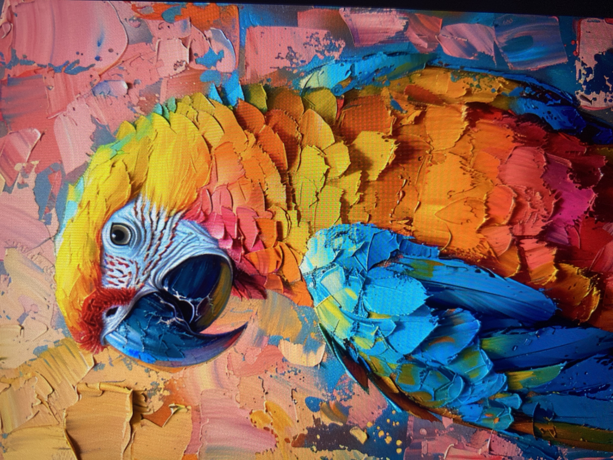 This is a close-up, impasto oil painting of a vibrantly colored parrot. The parrot is facing left, with its head tilted slightly upwards. Its beak is a deep blue, with a lighter blue underside. Red feathers form a crest around its head, transitioning into bright yellow and then to a spectrum of orange, pink, and blue feathers covering its body. The parrot's eye is a dark pupil surrounded by a lighter iris with subtle blue markings. The background is a textured abstract of pink, orange, and yellow brushstrokes, with hints of blue and darker tones. The paint is applied thickly, giving the artwork a tactile, three-dimensional quality.