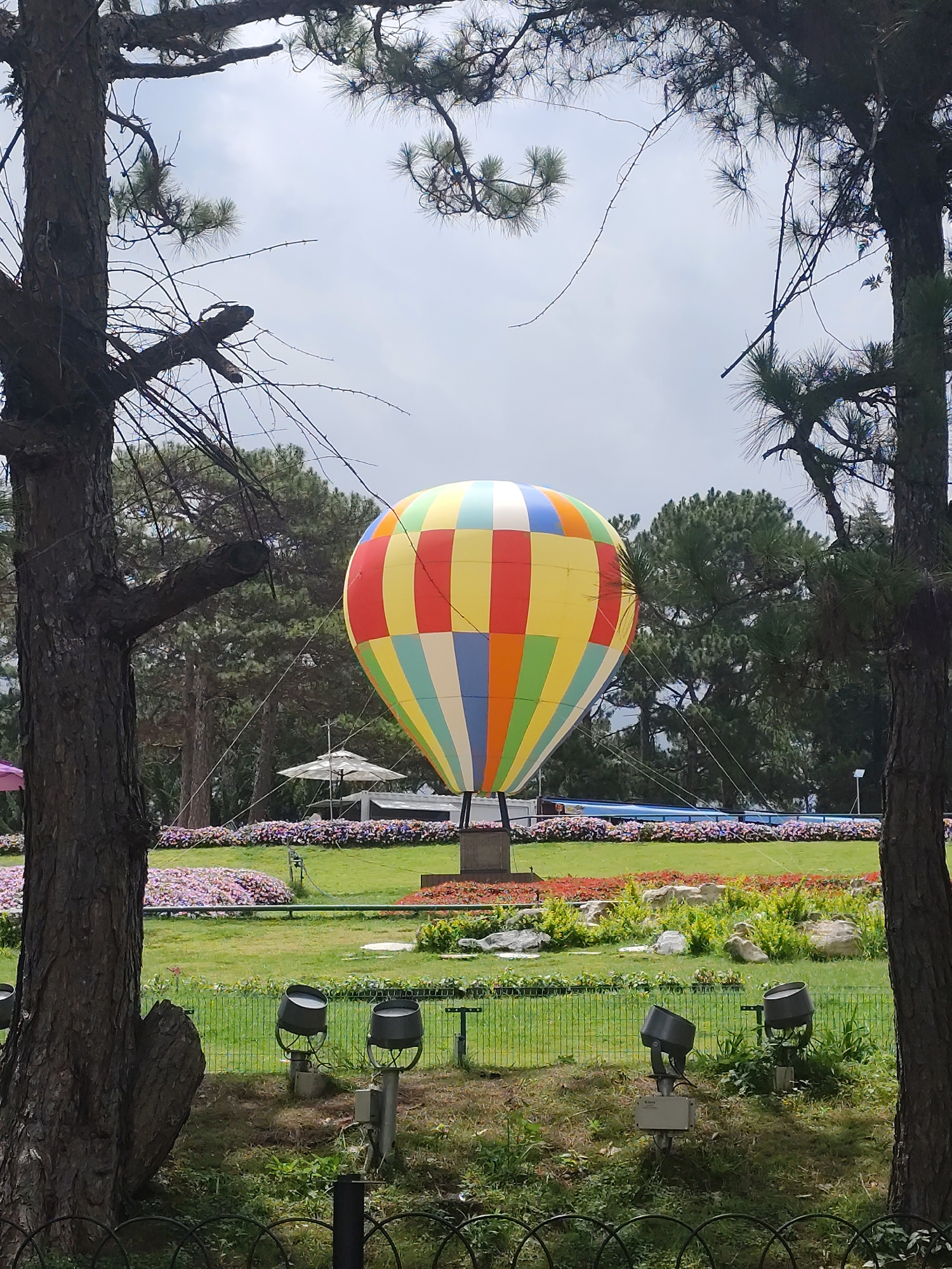 A colorful, hot air balloon decoration sits in the middle of a green lawn, likely in the city of Da Lat, Vietnam. The balloon is tethered with multiple wires that can be seen stretching toward the background. Flower beds with various colors surround the balloon, and a small pool can be seen further behind. Several floodlights are positioned in the foreground, aimed toward the balloon. The entire scene is framed by trees in the foreground and background. The sky above is overcast. A black metal fence is visible at the very bottom of the image.