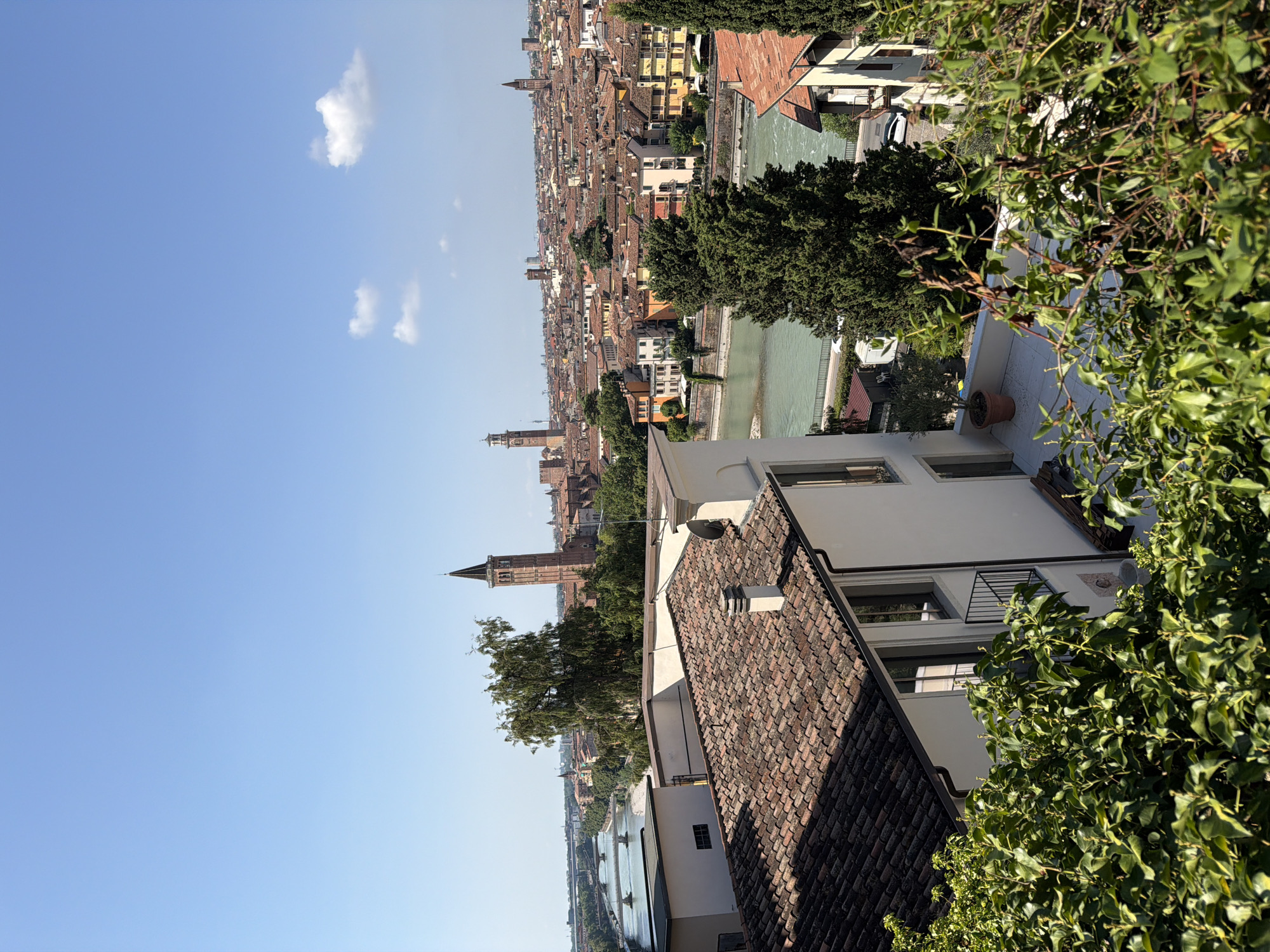 This is a photograph of the city of Verona, Italy, taken on a clear day with a blue sky and a few white clouds. The foreground is dominated by lush green foliage, obscuring the lower portion of the image. Above the foliage, a white building with a red tiled roof is visible, featuring balconies and windows. Beyond this building, the cityscape of Verona unfolds.
The most prominent features of the cityscape are the numerous terracotta-tiled roofs of buildings, creating a warm, reddish-brown hue across the panorama. Several church spires and towers rise above the rooftops, with one particularly tall, brick tower, likely a campanile, being a focal point. A wide, greenish river, likely the Adige River, flows through the city, crossed by several bridges. The riverbanks are lined with buildings and trees. In the distance, more towers and buildings stretch towards the horizon, with a hazy, sun-drenched atmosphere. The overall impression is of a historic European city bathed in sunlight.