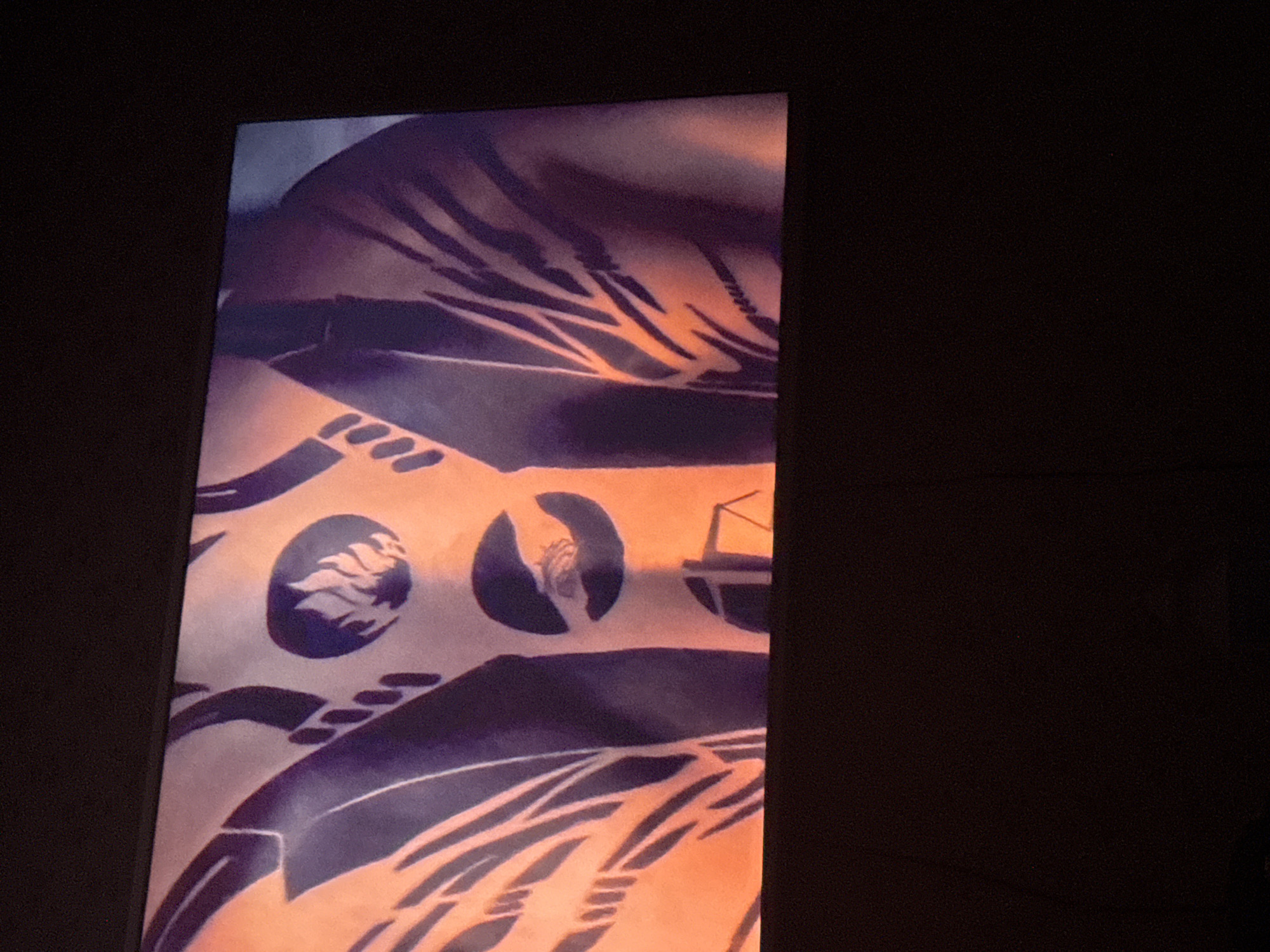 The image shows a partially visible banner or poster with graphic designs. The background color of the banner appears to be a pale orange. Overlaid are patterns and symbols in dark purple/blue. There are circular shapes, some of which contain stylized images of a hand and a wave or flame-like element. There are also geometric line patterns running across the banner. The banner is displayed in a dark setting. There is no visible evidence of location in Mytishchi, Russia. No people, specific objects, or actions are detectable beyond the characteristics of the banner and its environment.