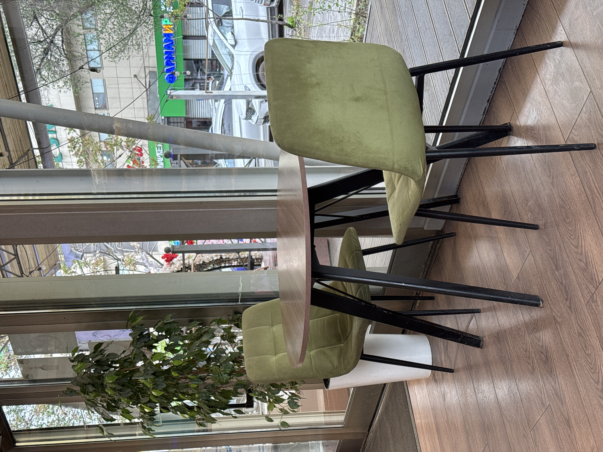 The image presents an interior view, likely from a cafe or restaurant, looking out through a large window onto an urban street in Bishkek City, Kyrgyzstan.
In the foreground and mid-ground, within the interior space, are two light green upholstered chairs with black metal legs, positioned around a small, round wooden table. One chair is fully visible, and parts of a second chair are seen under the table. To the left, a large, leafy potted plant with dark green foliage is visible, appearing to be a Ficus or similar indoor plant. The floor in the foreground is covered in wood-look laminate flooring.
Beyond the window, an urban street scene unfolds. Buildings with multiple windows are visible, along with a white car partially seen. Trees with sparse foliage suggest either early spring or late autumn. Overhead wires and poles are also present, indicative of a city environment.
No specific activity or event is taking place; it is a static scene of an empty dining area looking out onto a quiet street. The natural light suggests it is daytime.
Notable details include reflections on the window glass, which partially obscure the exterior view with ghosted images of the interior. Visible text on a distant building includes a prominent blue neon sign that reads "ФАРМАЦИЯ" (Farmatsiya), which translates to "Pharmacy." Below and to the right of this sign, a green banner with partially visible white text appears to spell out "МАРКЕТ" (Market).