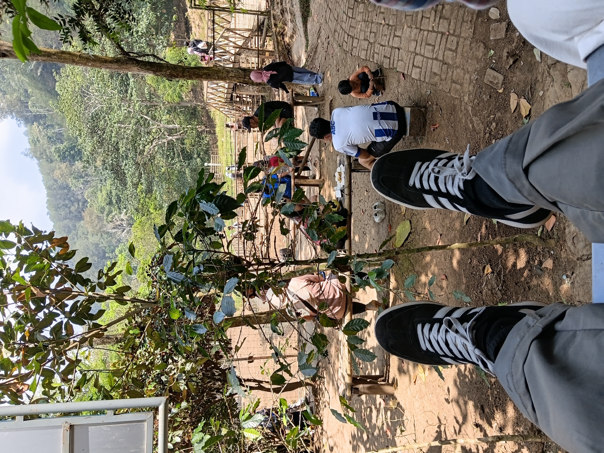 In the city of Ciburial, Indonesia, a group of people are gathered outdoors, likely at a park or recreational area. In the foreground, the perspective is from someone seated, with their legs and black Adidas sneakers visible. The setting appears to be a shaded area with trees and foliage.
Several individuals are seated on wooden benches. One person wears a light-colored shirt and is facing away from the camera. Another person is seated on a bench, wearing a white and blue striped shirt with the letters "ABC" and "comptiter" visible. A young boy is crouched down nearby, playing with sticks.
In the midground, other people are seen walking and interacting. A wooden bridge with a lattice design is visible, with several individuals crossing or standing on it. One person, wearing a pink headscarf and blue pants, is standing near a wooden fence. The background features a lush, hilly landscape covered in trees, suggesting a natural or semi-natural environment. The ground is a mixture of dirt and paved brick pathways. The overall atmosphere suggests a relaxed, casual gathering.