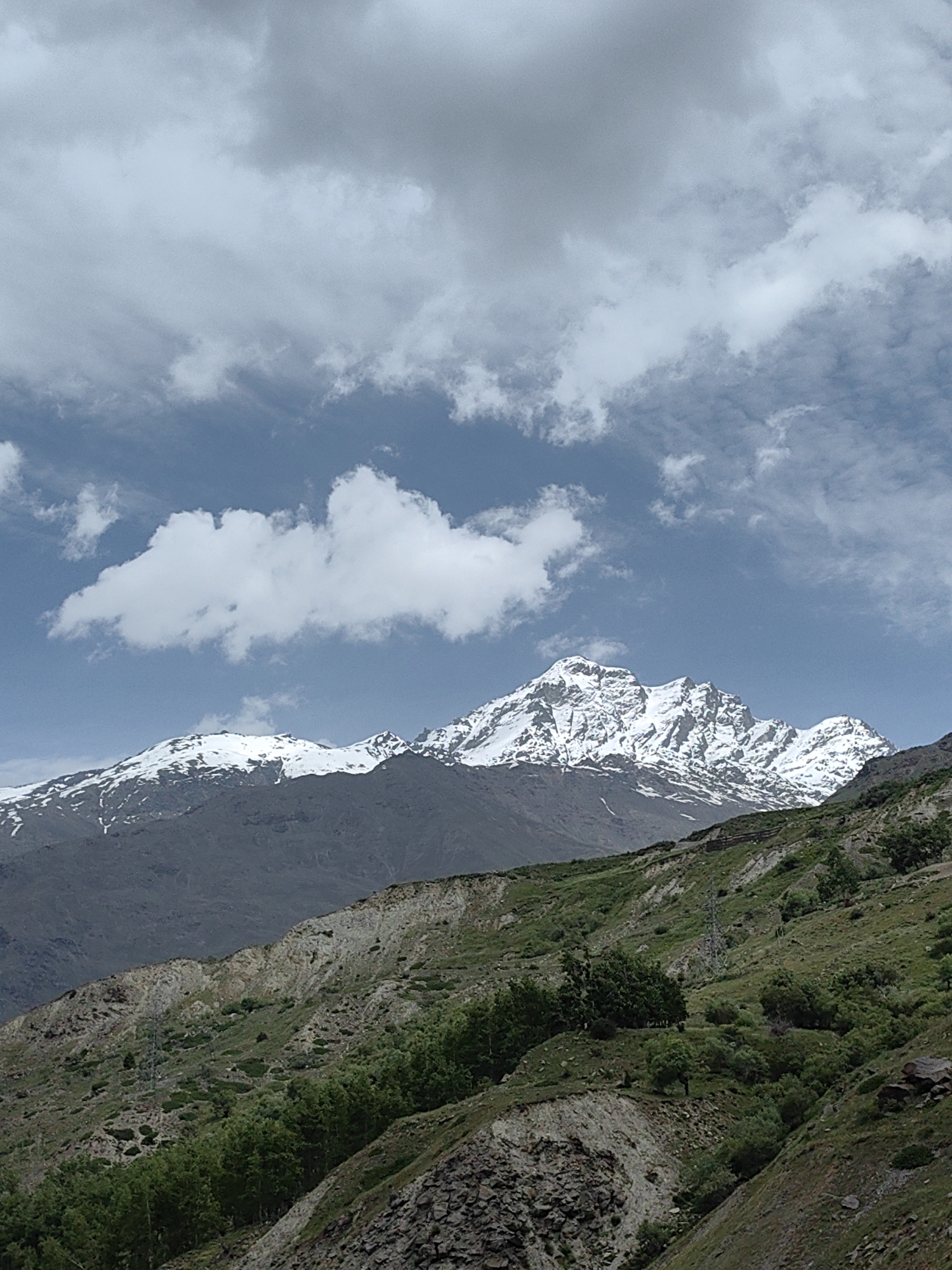 The image depicts a mountain landscape in Sissu, India. In the foreground, a steep, rocky slope is covered with green vegetation, including trees and shrubs. A power transmission tower is visible on the hillside. Further in the background, a large mountain range dominates the scene, with its peaks covered in snow. The sky above is blue with scattered white clouds. The overall impression is one of a natural, mountainous environment.