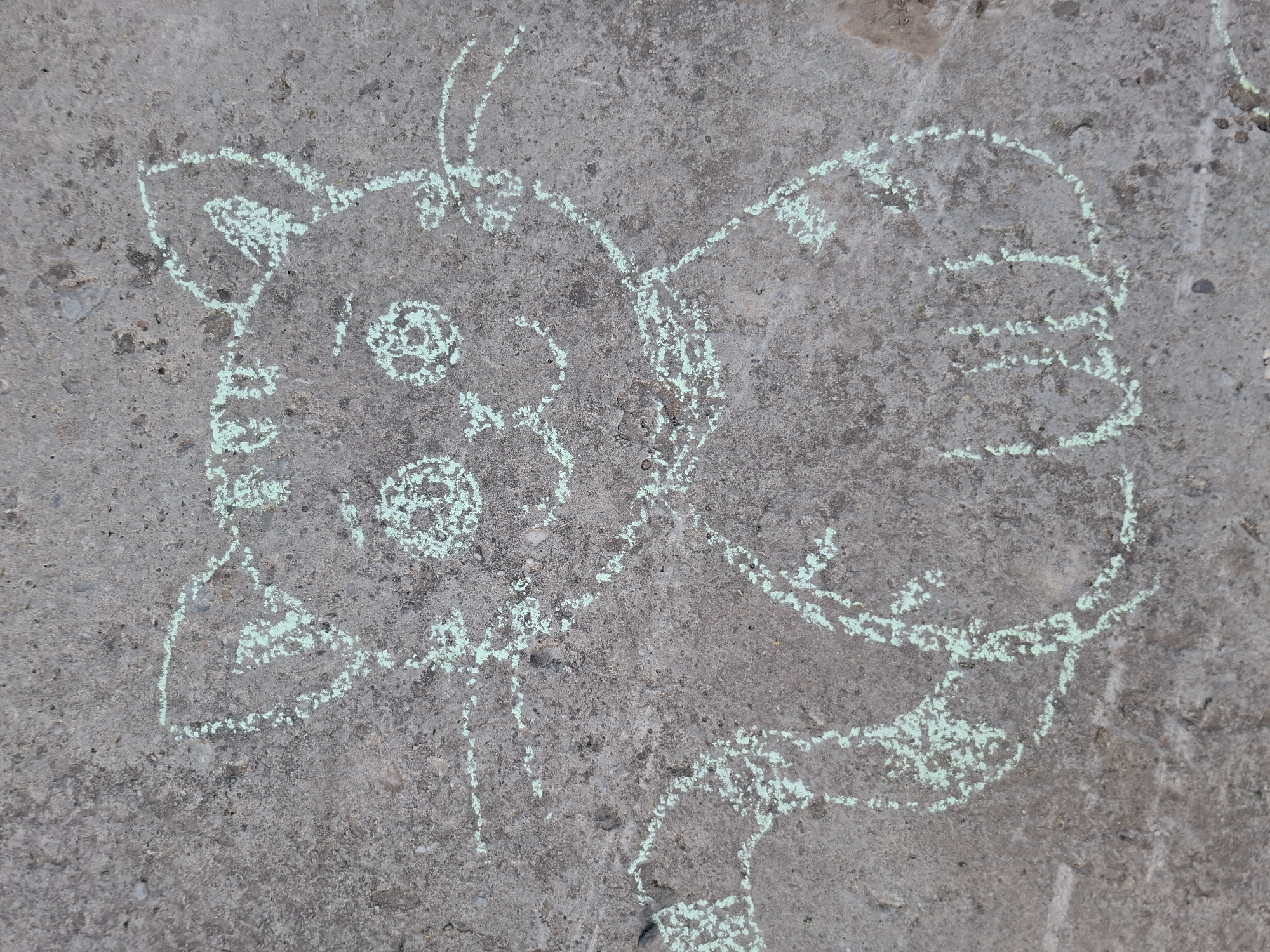 A chalk drawing of a cat-like figure is on a concrete surface. The location is uncertain, but the city is Амзя, Russia. The figure is a light green color and has a roughly circular head with two pointed ears, two round eyes, a small nose, and a mouth. There is a tail on the right side of the figure. There are 2 antennas above the cat's head.