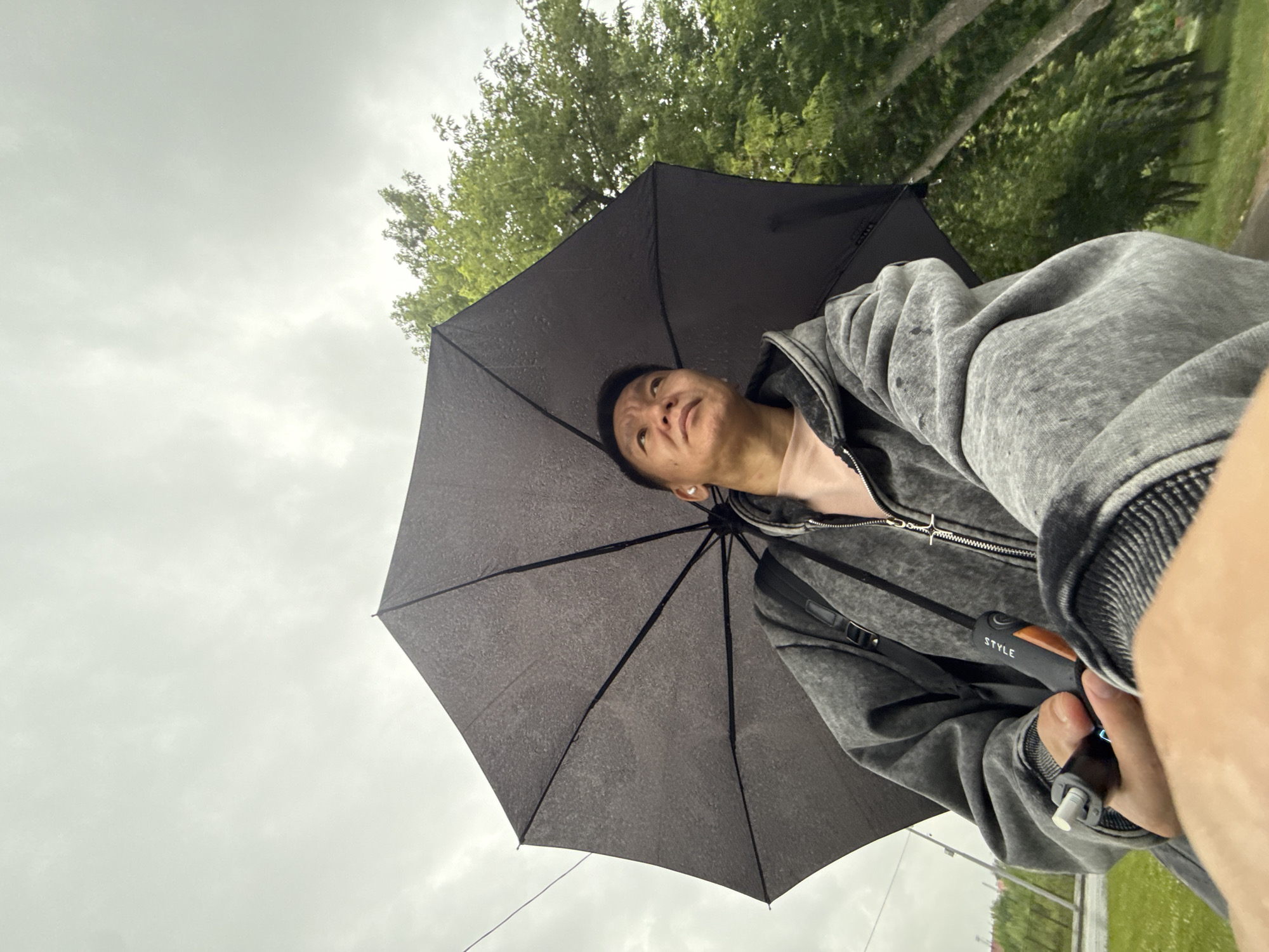 The image depicts a person holding a black umbrella, positioned outdoors under a cloudy sky. The person is wearing a grey hoodie and a light pink t-shirt. They are holding what appears to be an electronic cigarette device. In the background, there is lush green foliage from trees and a grassy area. The overall atmosphere suggests a damp or rainy day. The image does not contain any explicit visual cues to pinpoint its location within Moscow, Russia.