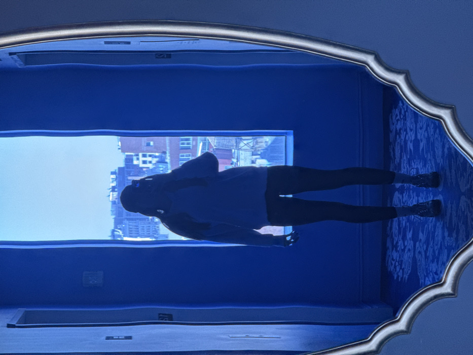 The image shows a person reflected in an ornate mirror. The person stands facing the window, dressed in a long-sleeved shirt and dark pants. Through the window, a city skyline with buildings is visible. The room itself is painted in shades of blue, with a patterned blue wallpaper on the right. The mirror’s frame is silver and decorative. The room has a surreal, dreamy quality due to the mirror reflection and the color scheme.