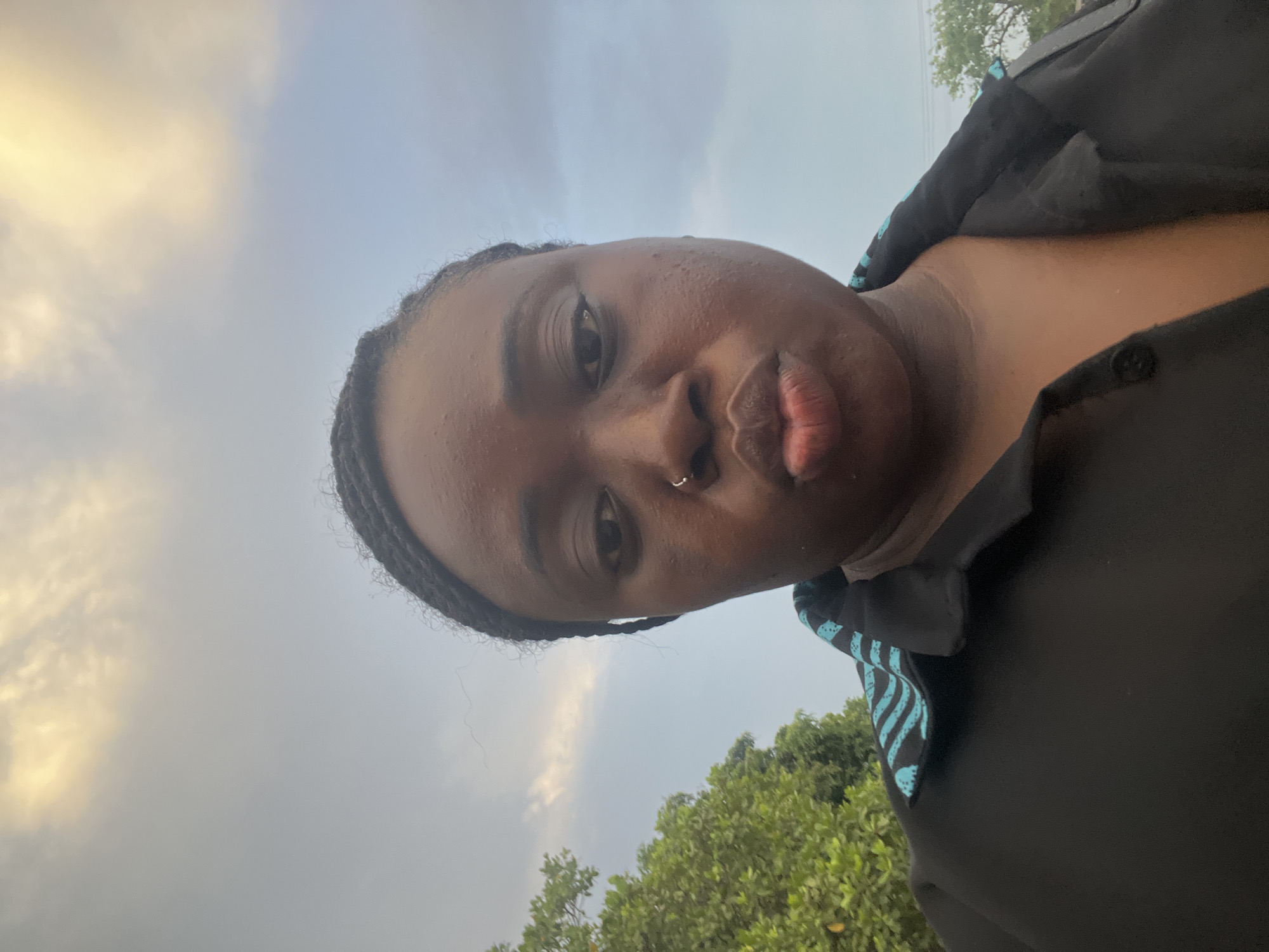 An upward-angle selfie captures a person of color, appearing to be female, posing outdoors in Abuja, Nigeria. The subject has dark skin, braided hair, and a small silver nose ring on the right nostril. Their lips are pursed in a slight pout, and they look directly at the camera with an intense gaze. They are wearing a dark shirt, possibly black, with a distinctive blue and black wavy or striped pattern visible on the collar or shoulder area.
The background consists primarily of a cloudy sky, with patches of lighter, yellowish-grey clouds suggesting either early morning or late afternoon light, or a humid, overcast day. Below the horizon line, lush green trees and foliage are visible, indicating an outdoor, natural setting. The low camera angle creates a dynamic perspective, emphasizing the sky and giving the subject a prominent, almost imposing presence. The person's skin has a subtle sheen, possibly due to sweat or humidity. There is no visible text in the image.