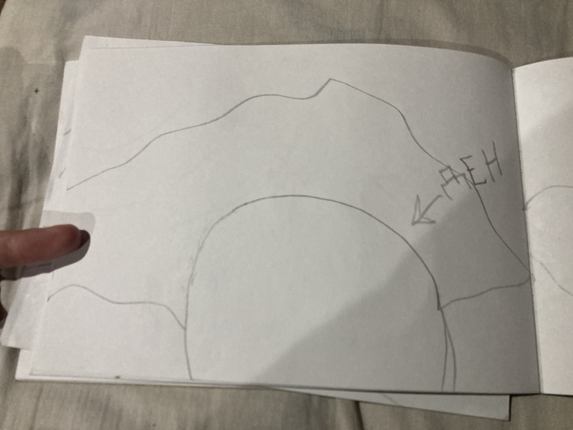 The image displays a page from a notebook or sketchbook with pencil drawings. The drawings appear to be abstract or schematic, featuring curved lines and organic shapes. One prominent shape is a large circle, partially enclosed by other lines. There is also text written in pencil, which appears to be "FAEH" with an arrow pointing towards it. A finger is visible at the top of the image, holding the page. The background is a textured surface, possibly a blanket or fabric. The location in Besedy, Russia, is not determinable from the visual content of the image.