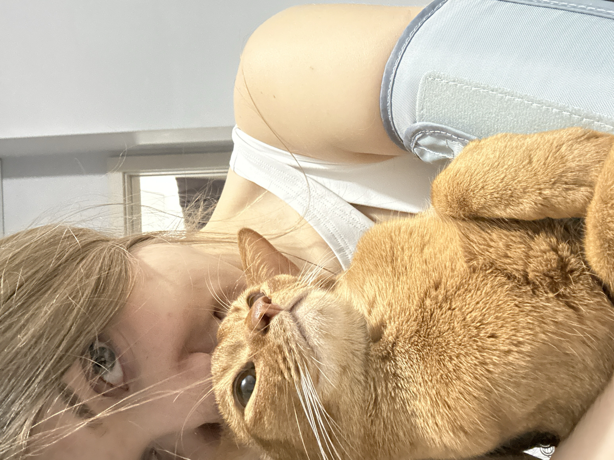 A young woman with light brown hair and light eyes is taking a selfie with an orange cat. The woman is positioned in the lower left corner of the frame, with her face partially obscured by her hair and the cat. The cat is in the lower right corner, looking upwards with one eye visible. Above the woman's head, parts of her shoulder, a white bra strap, and a light gray arm brace are visible. A partially visible window frame is in the upper left background. The location, Kazan, Russia, is not discernible from the image.
