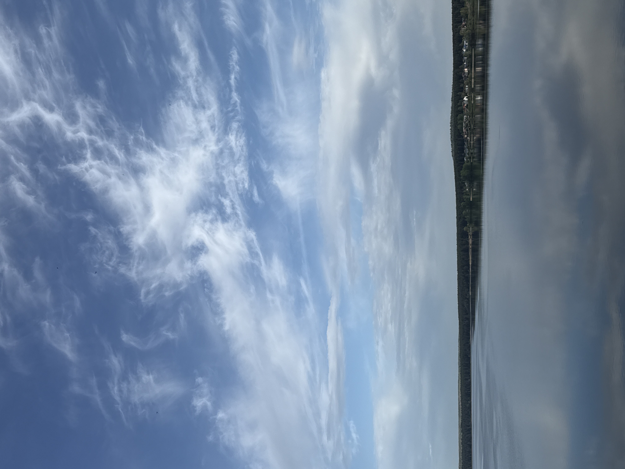 The image shows a body of water, likely a lake or wide river, next to a wooded shoreline with visible buildings, likely houses or other structures, suggesting a populated area. The other side of the image depicts a bright blue sky filled with streaky, wispy clouds, indicative of cirrus clouds. The presence of the water and shoreline suggests a location within or near the city of Votkinsk, Russia, given its geographical context. There are no people or actions explicitly depicted. The water reflects the sky, creating a mirrored image. The primary subjects are the sky, clouds, water, shoreline, and nearby settlement. The environment is serene and suggests a natural setting adjacent to a residential area.