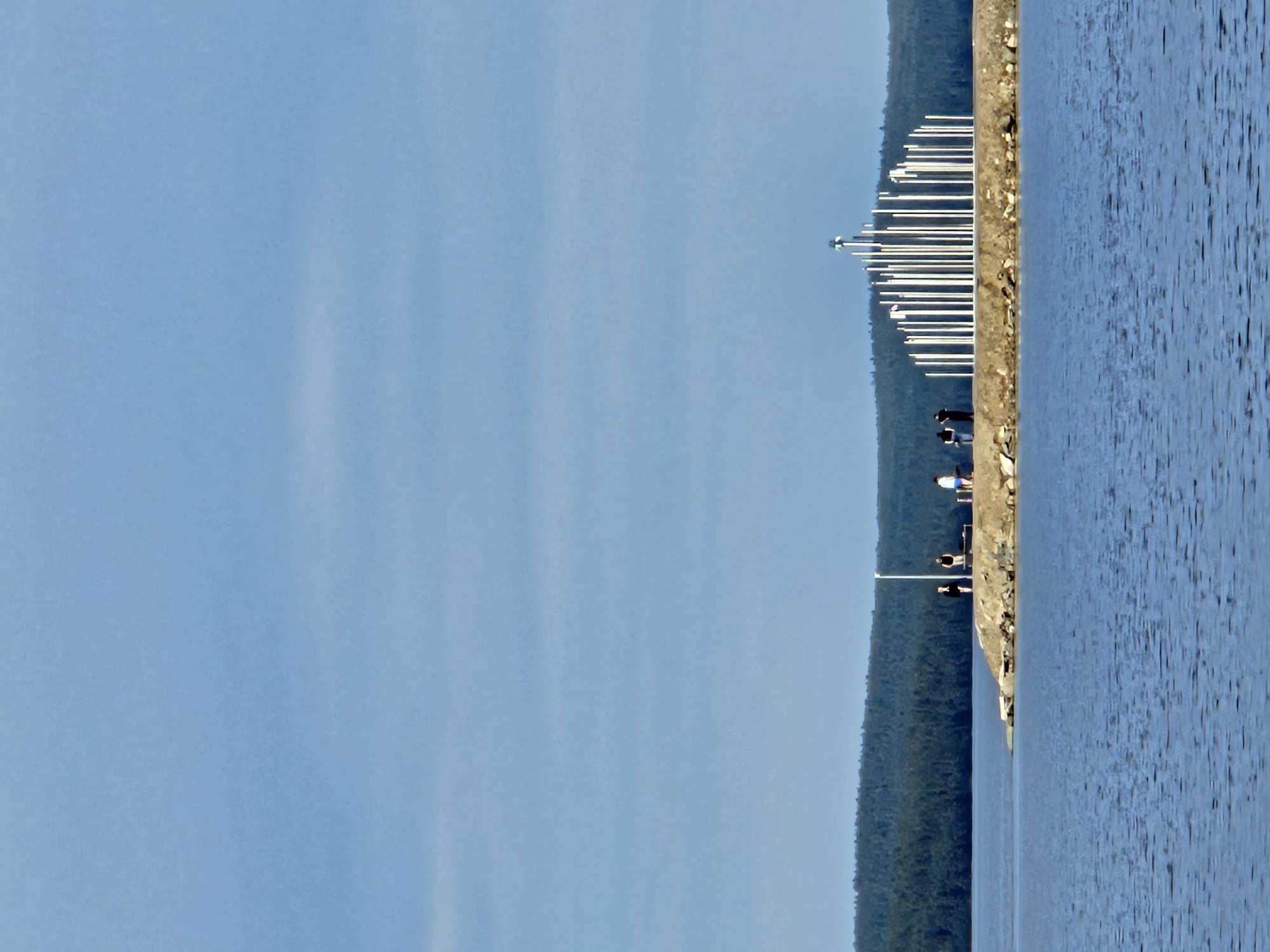 A body of water, likely a lake, occupies the bottom half of the image. A narrow, rocky landmass juts out into the water on the right side. On this landmass, a group of people stand near a distinctive white sculpture. The sculpture is comprised of numerous vertical, cylindrical poles of varying heights, arranged in a semicircular pattern. Some of the poles appear to have lights or reflective elements on top. The background features a dense, dark green forest extending across the horizon, meeting a pale blue sky with wispy clouds. The overall scene appears to be an outdoor public space, possibly a park or waterfront area.