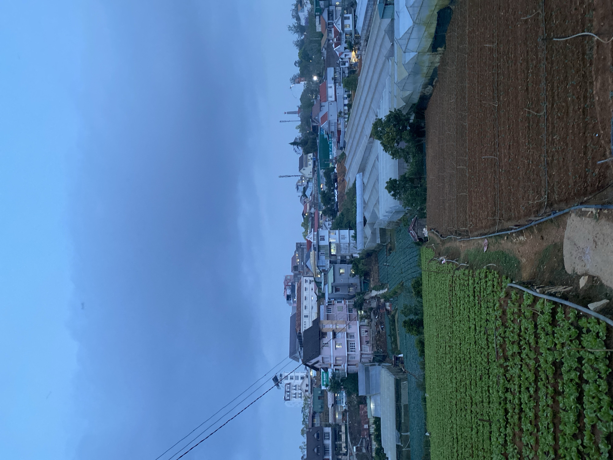 The image depicts a hillside community in Lâm Viên - Đà Lạt, Vietnam, on a cloudy day. Foreground: agricultural fields, some with rows of green leafy crops, others with bare brown earth. Center: a dense cluster of buildings, ranging from residential houses to commercial structures, interspersed with greenhouses (with white frames). Background: a slightly elevated section of the community, barely visible due to distance. The sky is overcast, lending the scene a subdued light. Power lines are visible. No people are visible.
