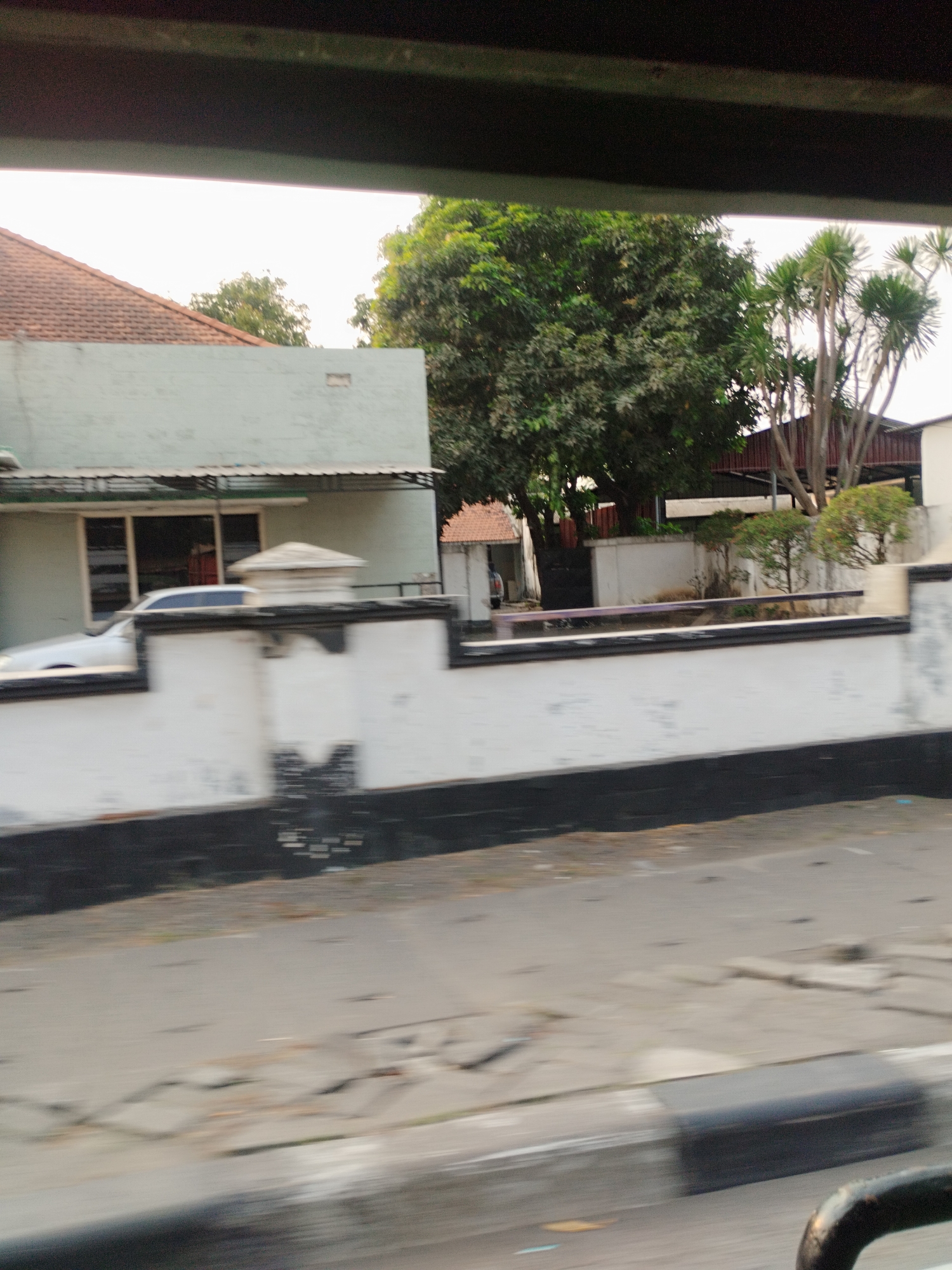 The image depicts a street scene in Surabaya, Indonesia, as viewed from a moving vehicle. In the foreground, a blurred asphalt road is visible with some cracks and debris. A dark, textured barrier runs along the bottom of the frame, with a black curved object on the right.
Behind the road, a white wall with a black trim runs horizontally. On top of this wall, a white structure resembling a small cap or dome is present. Further back, a light blue building with a tiled roof is visible, featuring large windows with dark frames. A silver car is partially seen through one of the windows.
To the right of the blue building, a lush green tree with dense foliage dominates the mid-ground. Further right, several tall, slender palm trees with brown trunks stand out against the sky. Behind these trees, parts of other buildings and structures are visible, including a red-tiled roof and some darker roofing materials. The sky above is overcast and light in color. The overall impression is a suburban or semi-urban environment in Surabaya, characterized by a mix of residential buildings, greenery, and infrastructure.
