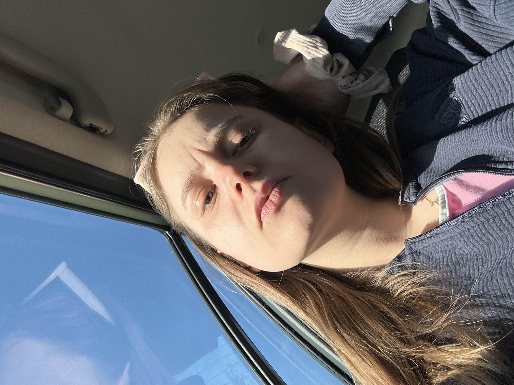 A young woman is shown in a close-up, angled selfie taken inside a vehicle. The visible background through the car window is a clear blue sky. She is wearing a dark blue, possibly corduroy, zip-up jacket over a pink top. A light-colored scrunchie appears near the top of the frame, seemingly holding up her hair. The location is unknown, but possibly Denmark, based on the prompt.