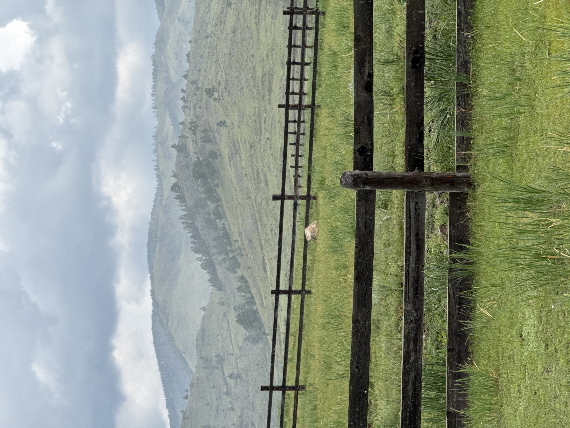 The image depicts a rural landscape with rolling hills covered in greenery and scattered trees under a cloudy sky. In the foreground, a wooden fence with multiple horizontal rails runs across the scene. The field in front of the fence is lush green grass. Behind the fence, another section of the field is visible, and in the distance, a light-colored object, possibly a large rock or a resting animal, is situated in the grass. The sky is overcast with heavy clouds, and faint streaks of rain are visible, suggesting inclement weather. The overall impression is one of a tranquil, natural setting, likely a pasture or farmland. The location is not Anchyl-Chon, Russia.