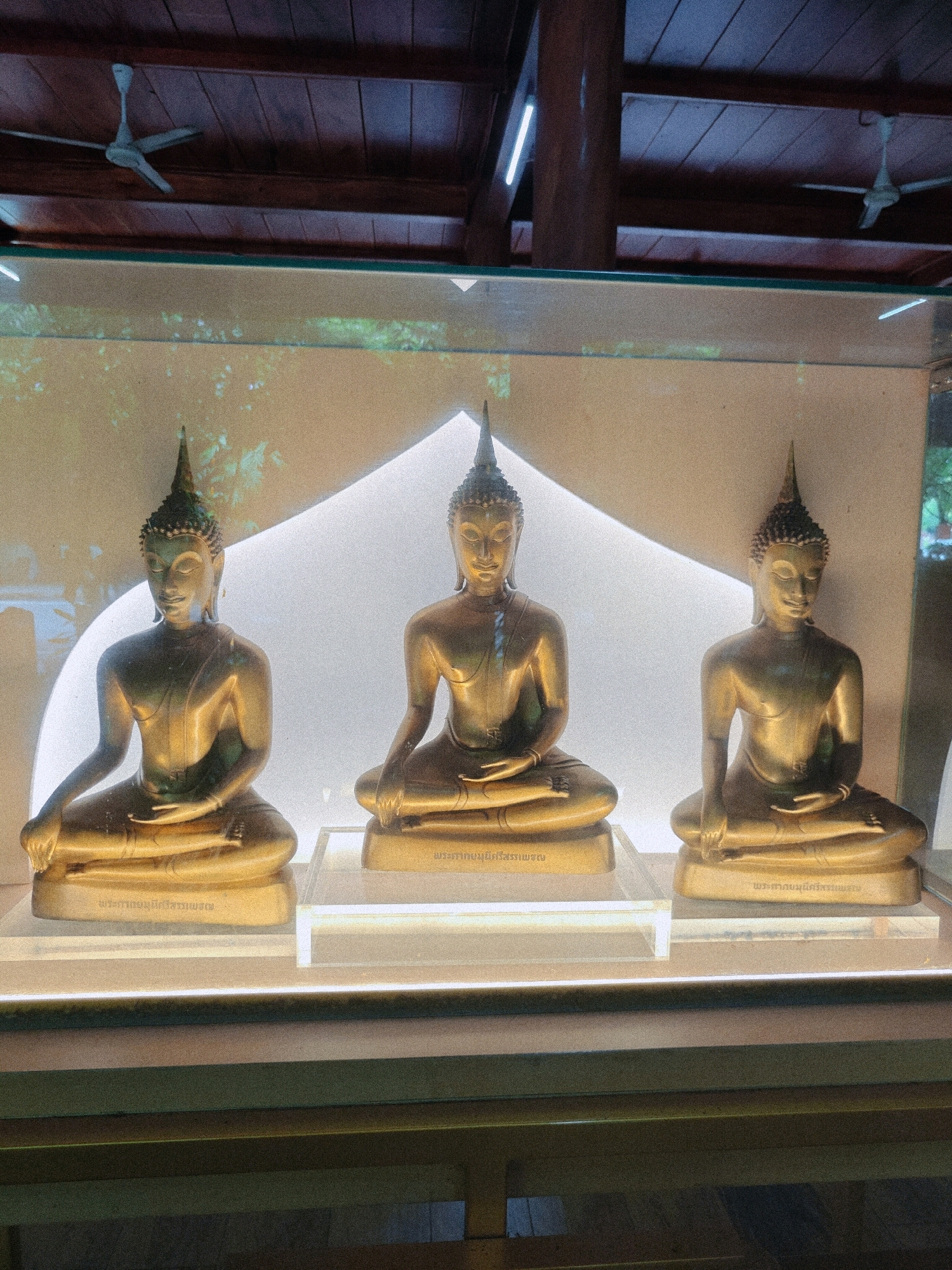 The image depicts three golden Buddha statues displayed in a glass-covered exhibit within a building. The statues are identical, seated in a meditative pose with their hands resting in their laps. Each statue is topped with a conical headdress. The statues are placed on individual clear acrylic stands, which are illuminated from below by a warm, white light. The background behind the statues is a white, curved structure that tapers to a point at the top, creating a soft, ethereal effect. The ceiling of the building is visible at the top of the image, constructed from dark wooden planks and featuring two ceiling fans. The overall lighting is dim, with the primary illumination coming from the exhibit itself. The scene appears to be indoors, possibly a temple or museum. The location is identified as Hantra Subdistrict, Thailand.