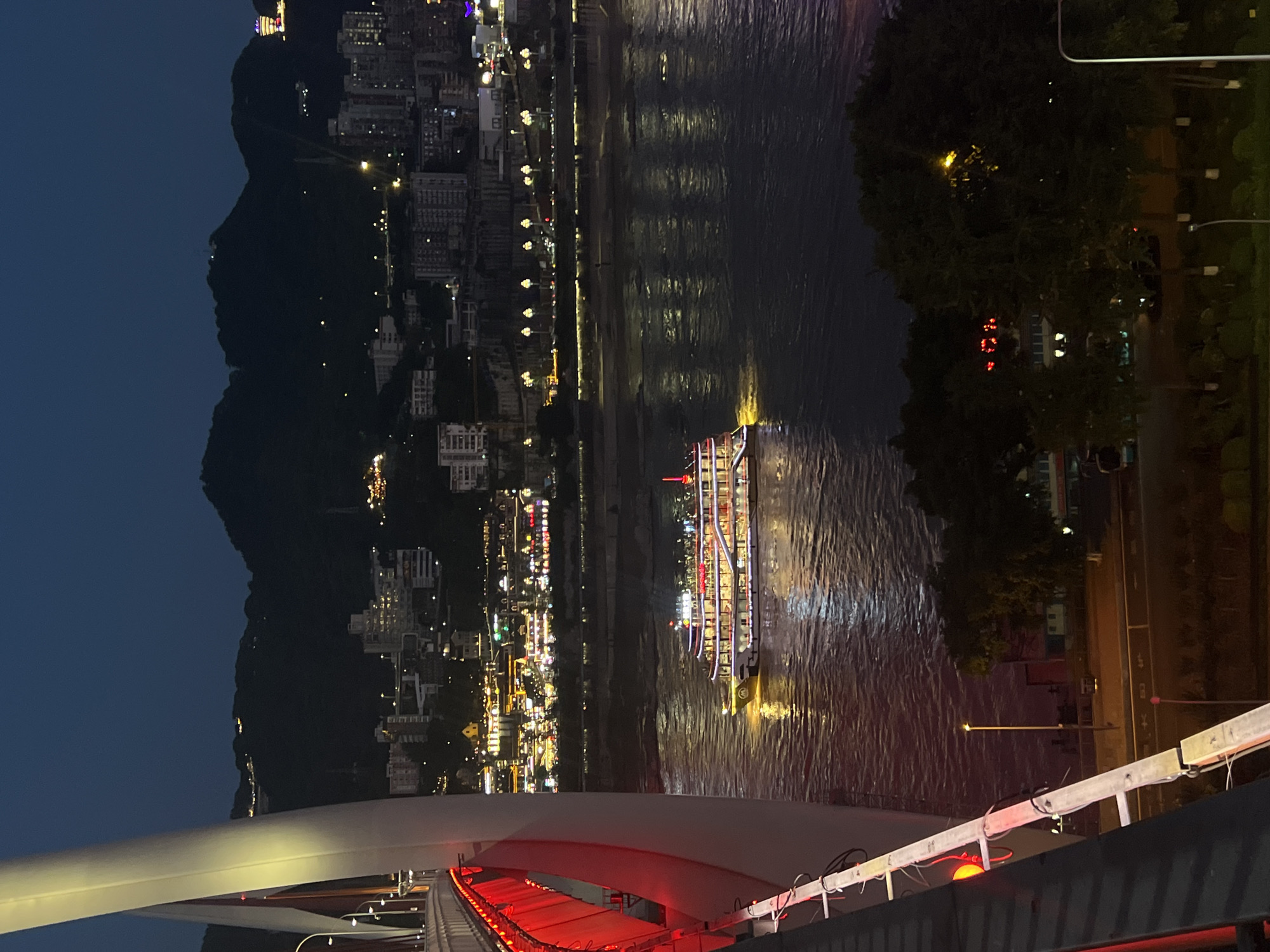 A wide-angle, nighttime aerial view captures a scene along the Yangtze River in Yuzhong District, Chongqing, China. In the foreground, the curve of a large bridge structure is visible on the left, illuminated with red and white lights. The river occupies the mid-ground, reflecting the lights of the city and a large, multi-decked passenger boat moving across the water. The boat is brightly lit, showing multiple rows of windows and a red-lit top deck. The background consists of a densely populated city skyline with numerous buildings lit by various colored lights, set against dark, mountainous terrain. The sky is a deep, dark blue, indicating night.
