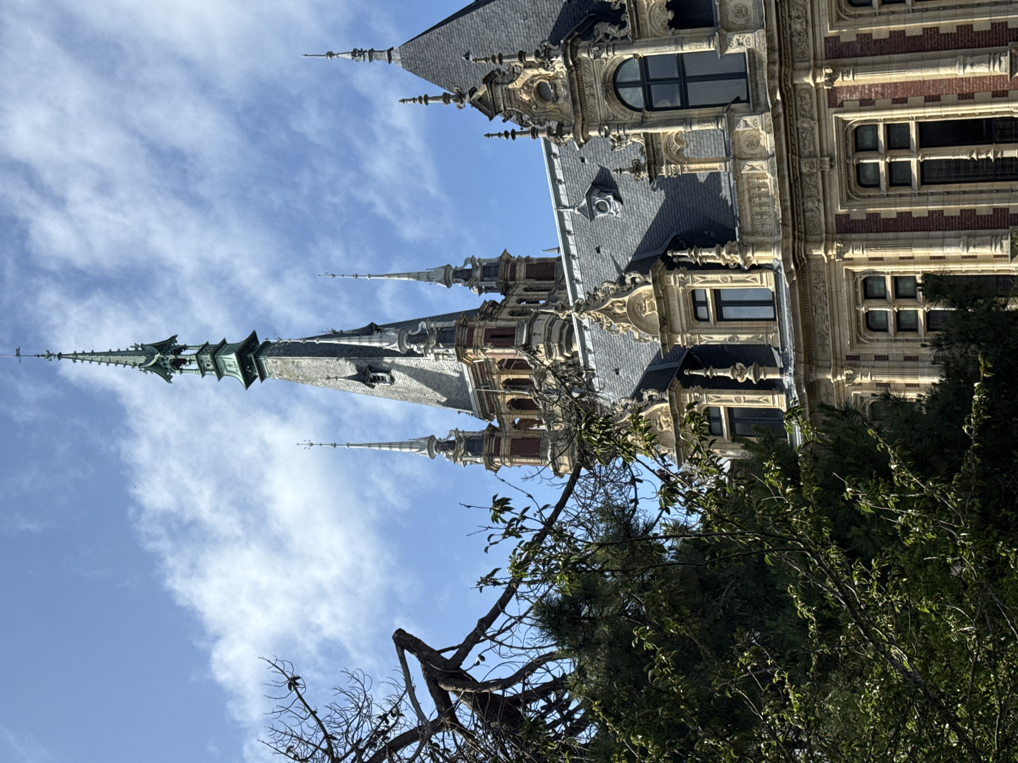 The image captures a detailed, upward-looking view of a grand, ornately decorated building, presented with a vertical orientation (rotated 90 degrees clockwise). The architecture is a blend of Gothic Revival and Renaissance Revival styles, featuring multiple prominent spires and elaborate embellishments.
The building's roof consists of dark, steeply pitched slate tiles, from which several slender spires rise. These spires vary in height and design, some exhibiting intricate finials and tiered sections. The facade displays a rich contrast between reddish-brown brickwork and extensive light-colored stone ornamentation, including decorative window frames, pilasters, balustrades, and other carved details. Arched and rectangular windows with visible mullions are integrated into the design.
In the foreground, the branches and foliage of several trees partially obscure the lower and right sections of the building. The background is a clear blue sky with scattered, wispy white clouds, indicating bright daytime conditions. No people or activities are visible. Based on the provided context, the building is the Palais Bénédictine in Fécamp, France.