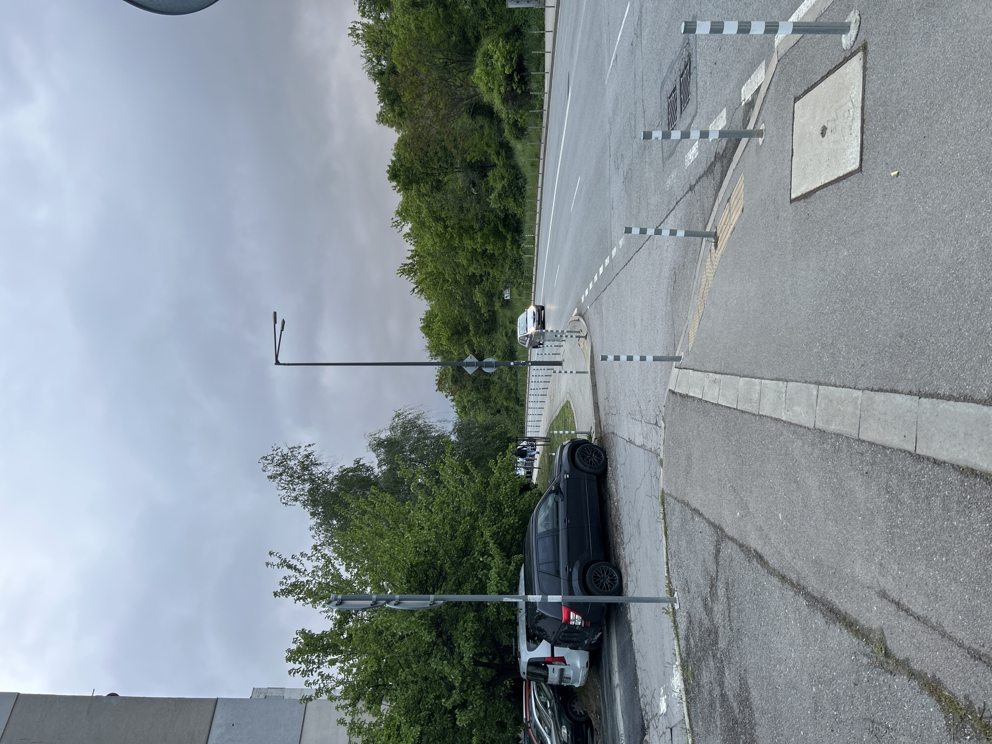 The image depicts a street scene in an unidentified city. On the right side of the frame is a wide paved road with a white dividing line. Along the edge of the road are short, black and white striped poles. A manhole cover is also visible. On the left side of the road, cars are parked along the curb. A black SUV and a white car are prominently parked. A line of trees obscures a view of the background. The sky is overcast. Streetlights are visible.