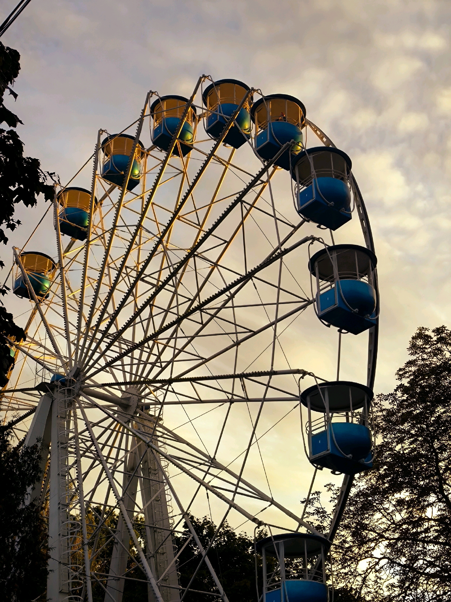 A Ferris wheel stands against a cloudy sky, its blue and yellow gondolas silhouetted by the soft light of sunset. The wheel is seen from a low angle, with trees framing the bottom and right side of the image. The sky is a gradient of pale orange and grey, with clouds scattered across it. The Ferris wheel structure is intricate and metallic, with many spokes radiating from the center. The gondolas are simple, enclosed capsules with windows. The overall impression is one of a peaceful, late-day scene in an amusement park. The Ferris wheel is likely located in a park or recreational area within the city of Kaliningrad, Russia. There are no visible people in the image.