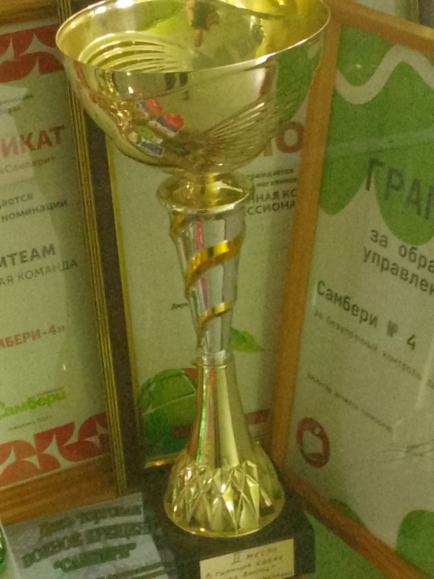 The image shows a close-up of a golden trophy on a shelf, surrounded by what appear to be certificates or awards. The trophy is ornate, with a wide, shallow bowl and a textured stem. It reflects light, highlighting its metallic surface. In the background, there are documents with text, some of which appear to be in Cyrillic script. One certificate has a green background with white wavy lines and large green letters that might spell out "ГРАМ" (GRAM). Another certificate, to the left, is framed and has text that appears to include "ИКАТ" (IKAT) and "Самберии" (Samburii). Below the trophy, a plaque or certificate is visible with text that seems to include "II МЕСТО" (II MESTO - Second Place) and "САМБЕР" (SAMBER). The overall impression is one of an award ceremony or a display of achievements. The provided context mentions Khabarovsk, Russia, suggesting this scene is likely located there.