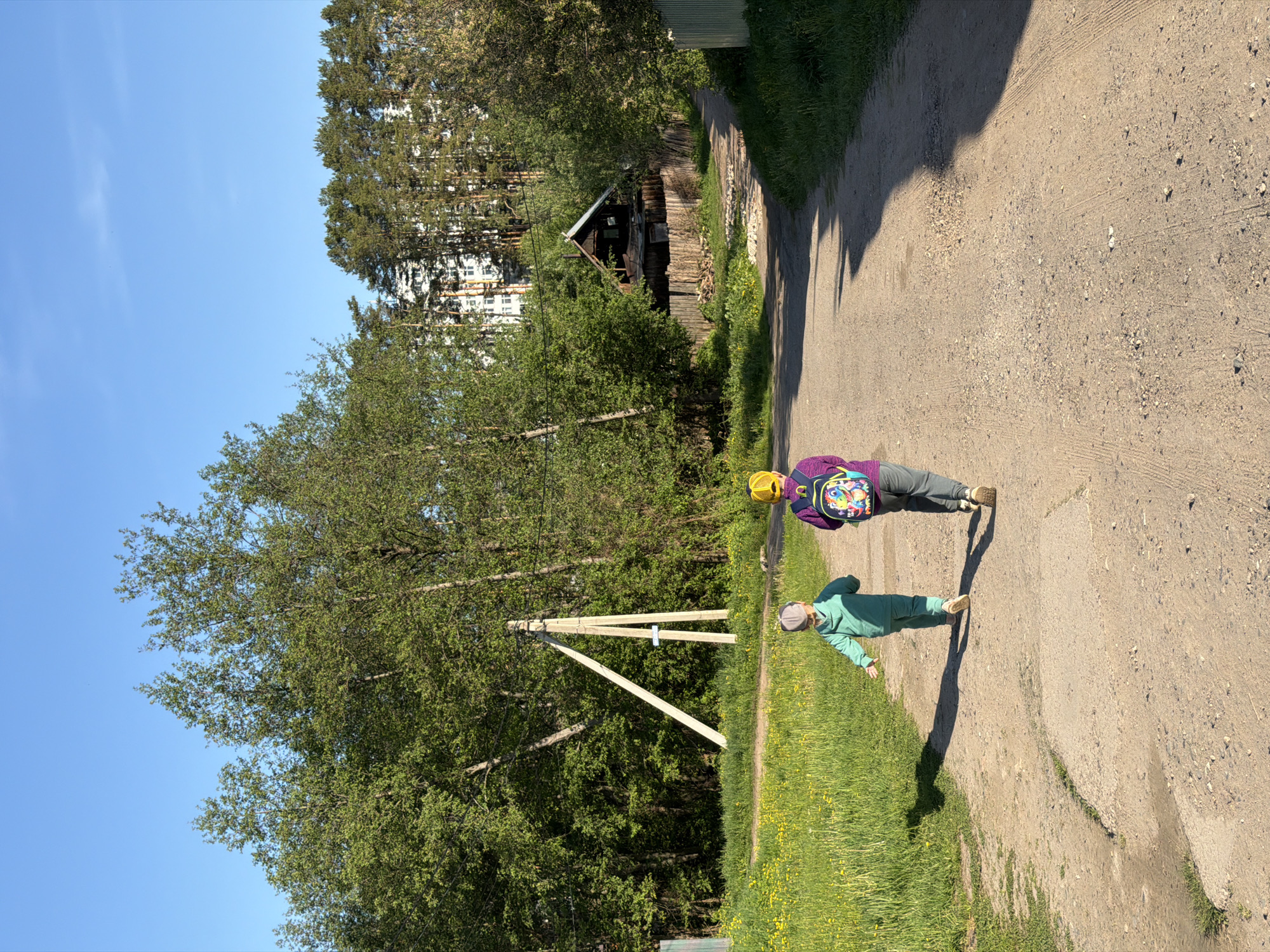 Observed: A slightly canted eye-level shot depicting a rural street scene in what is presumed to be Chaikovsky, Russia.
People: Two individuals are visible on the right edge of the frame. One figure wears a purple top, light gray pants, a yellow hat, and a backpack. The other figure, smaller in stature, is wearing a light green top and a gray hat. They appear to be walking down a dirt road away from the camera.
Environment: The setting is characterized by a narrow dirt road flanked by green foliage, suggesting a rural or semi-rural environment. There are trees on the left side of the road, as well as grass and foliage on the right side of the road. In the background, one can spot a dilapidated wooden structure, likely a shed. Further in the distance, behind the trees, appears a modern residential building. The sky is clear and blue. The presence of a power line pole on the left also indicates a level of infrastructure.
Objects: The scene contains a variety of objects, including: the dirt road, wooden structure, power line pole, backpack, and clothing worn by the people.
Actions: Presumed walking.
Interactions: Presumed walking together.