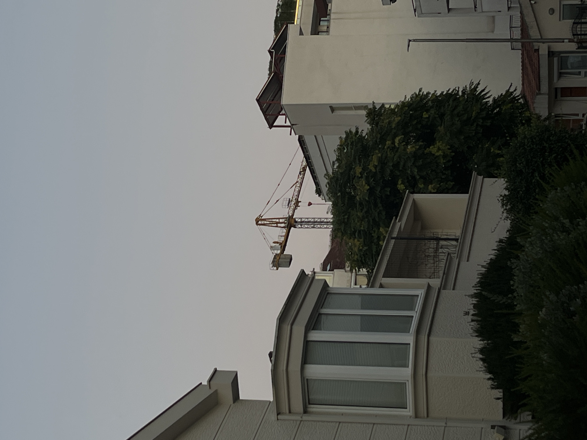 The image depicts a cityscape, likely Budva, Montenegro, as suggested by the presence of buildings and a construction crane against a pale sky. In the foreground, a portion of a building with a distinctive bay window and beige siding is visible. Adjacent to it, another building features a white facade with a sloped roof and what appears to be solar panels. In the mid-ground, a large green tree obscures part of the view, and behind it, a yellow construction crane dominates the upper portion of the frame. The scene is characterized by muted colors and soft lighting, suggesting it was captured during dusk or dawn. No people are present in the image.