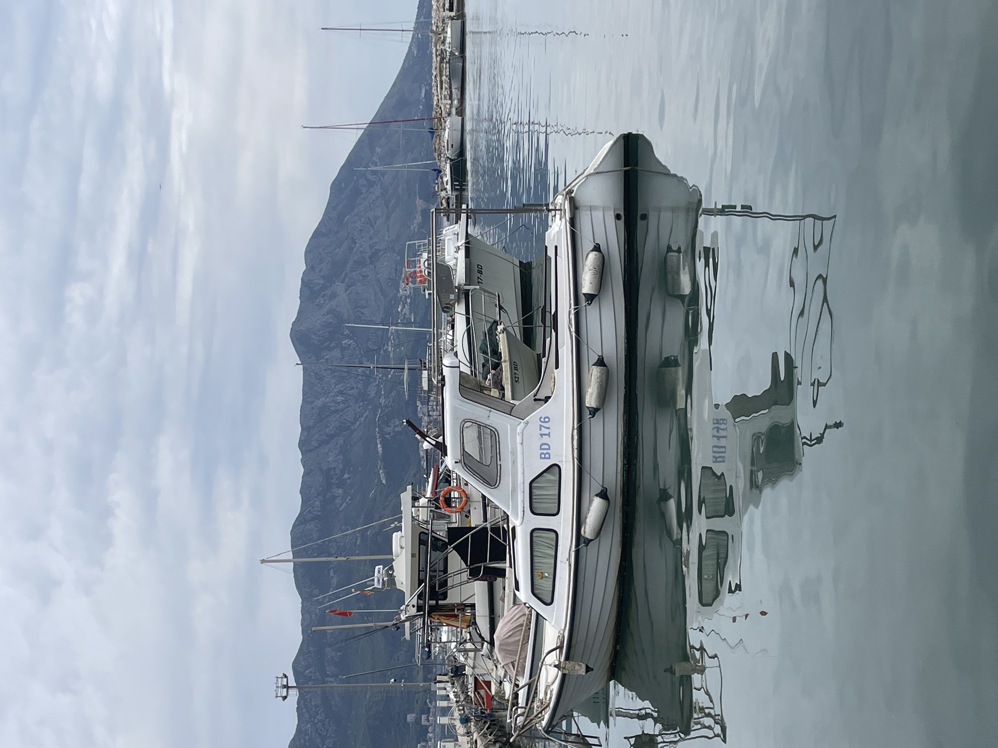 The image shows a marina in Budva, Montenegro, with a clear sky and calm water. Several white boats are docked, including one with the identification "BD 176" clearly visible on its side. The boats are reflected in the water. In the background, there is a mountain range.