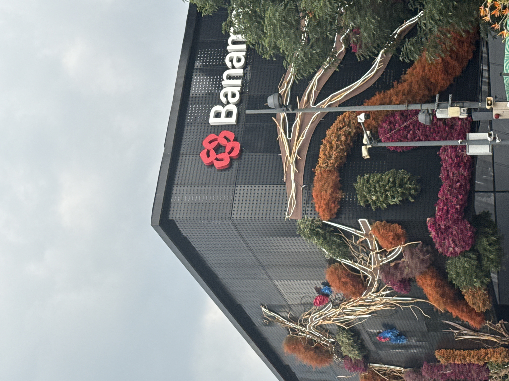 A building facade with the "Banamex" logo in Mexico City, Mexico. The building is decorated with tree branches, foliage and flowers, and is photographed at an upward angle. The sky is visible in the background.
