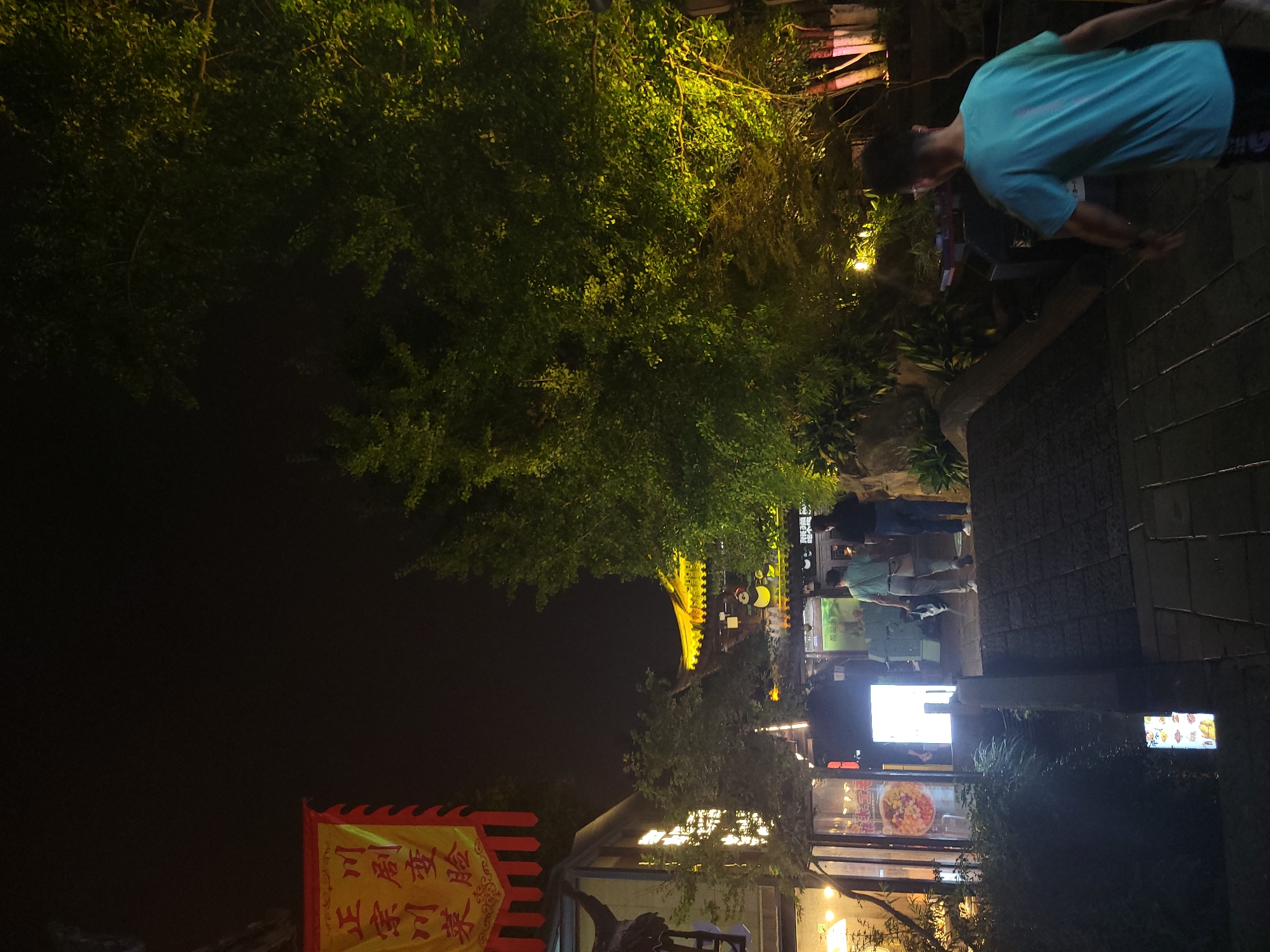 In Wuhou District, China, at night, a street scene unfolds under the illumination of various light sources. A red and yellow banner hangs on the left, featuring Chinese characters. To its right, a cluster of lush green trees is bathed in warm, yellow light, creating a vibrant contrast against the dark sky. In the background, traditional Chinese architecture with yellow, tiled roofs is visible, adorned with decorative elements. A panda mascot is present on the facade of one building.
The foreground shows a paved walkway leading towards the illuminated buildings. Two individuals, a woman in a green shirt and a man in a dark shirt, walk away from the camera towards the entrance of a building. Further to the right, a young man wearing a turquoise t-shirt and dark shorts is walking away from the camera, his back to the viewer. The environment appears to be an entertainment or dining district, indicated by the signage on the buildings and the general ambiance of the street.