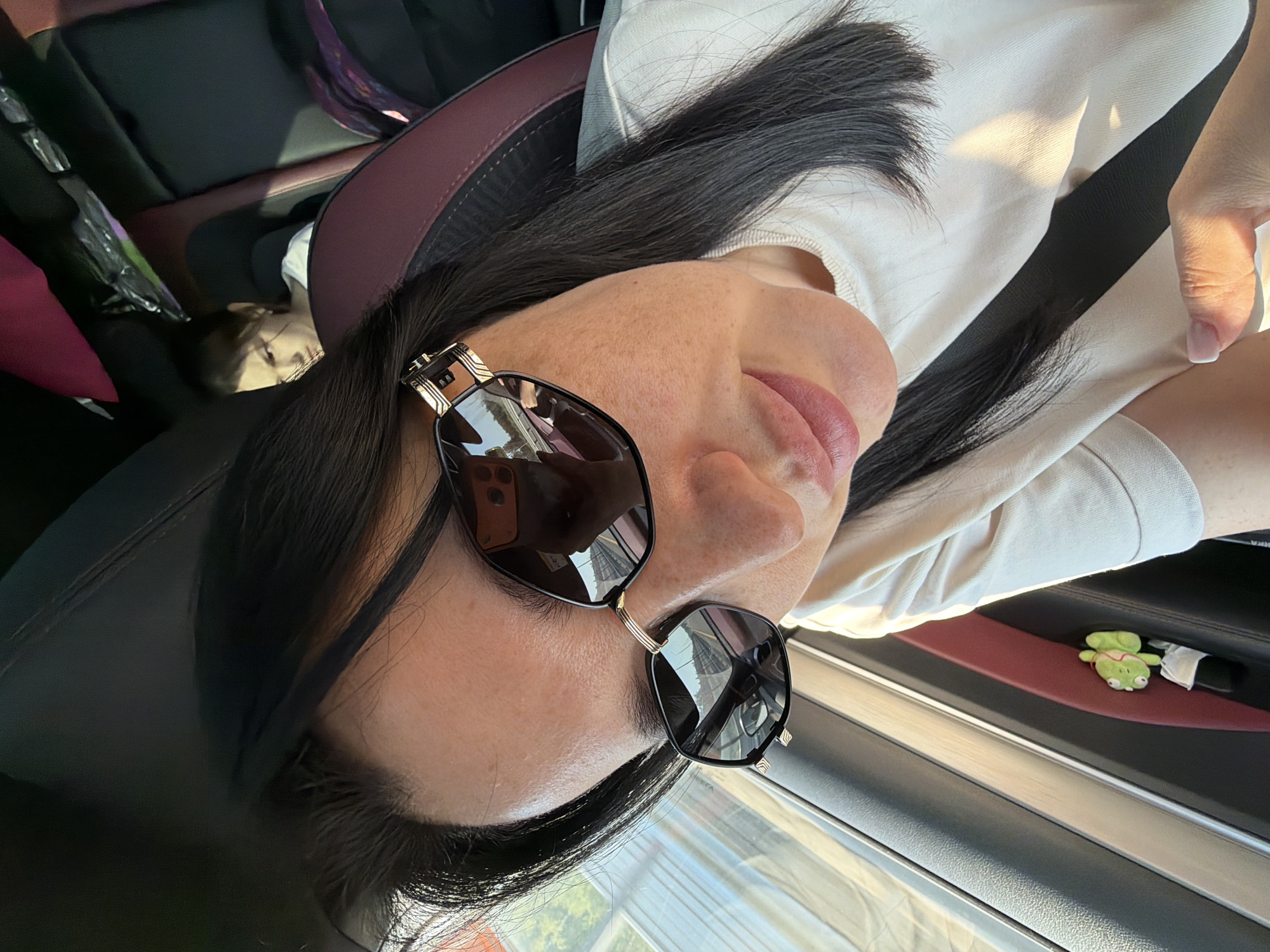 A woman in sunglasses and a light-colored t-shirt is in the driver's seat of a car, looking down. Her phone, with a case, is visible in the reflection of her sunglasses. A child with dark hair and a white shirt is in the back seat. The car's interior is dark with red accents. A plush toy is clipped to the car's interior panel. The scene appears to be on a road, as suggested by the reflection in the sunglasses. The image does not provide any specific information about the city of Dol "Luch", Russia.