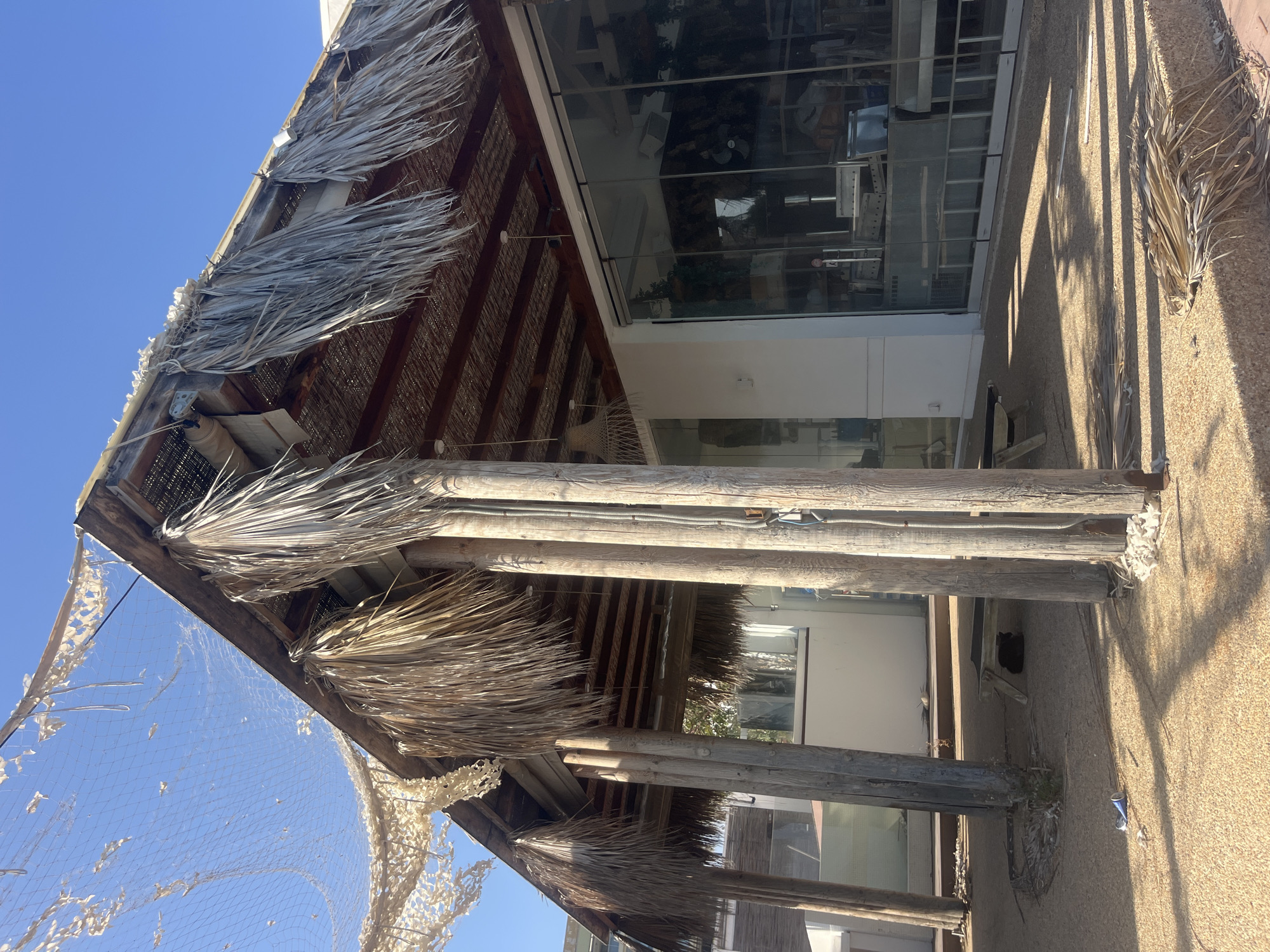 The image depicts a rustic, open-air structure with a thatched roof supported by thick wooden posts, located in Agios Tychona Community, Cyprus. The roof is made of woven reeds with dried palm fronds hanging down. A beige netting is suspended above and to the left of the structure, creating a dappled effect on the ground and part of the roof. To the right of the thatched structure is a modern building with large glass windows, revealing shelves and items inside. The ground is covered in sand and small pebbles. In the shaded area beneath the thatched roof, a dark-colored cat is curled up on a wooden bench. There is some scattered debris on the ground, including a blue plastic cup. The sky is clear and blue.