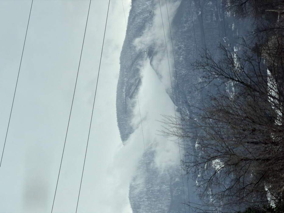 The image displays a winter mountainous landscape in Terjola, Georgia, under an overcast sky. Snow-covered mountains dominate the background, partially obscured by layers of white clouds and mist at various elevations. The mountain slopes are densely forested with trees, which appear coated in snow. In the foreground, a cluster of bare-branched deciduous trees, possibly covered in frost, occupies the lower section of the frame, partially obscuring the base of the mountains where faint outlines of structures can be discerned. Four distinct, dark utility lines traverse horizontally across the upper and middle portions of the scene, positioned against the sky and mountain peaks. No individuals, specific actions, or interactions are visible.