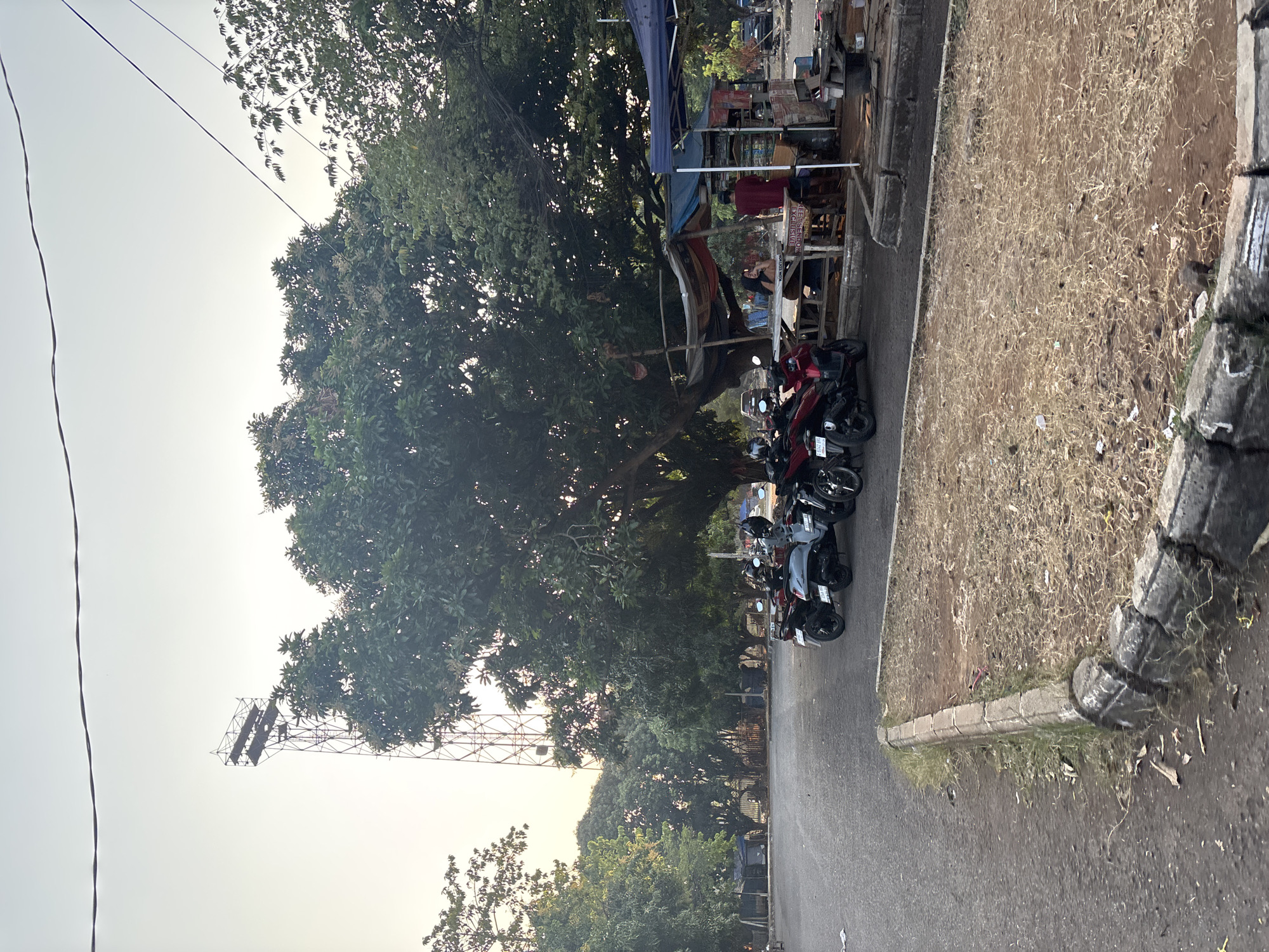 The image depicts an outdoor scene, likely a roadside market or rest stop, in Cirebon, Indonesia. In the foreground, a paved road curves to the left, bordered by a dry, grassy area with a concrete curb. Parked along the right side of the road are several motorbikes, including red and blue models. Behind the motorbikes, a makeshift market stall is set up under a blue tarp, with a smaller, worn canopy extending from it. Various items are visible on and around the stall, including containers and what appear to be food or goods for sale. Two people are visible at the stall; one individual wearing a red shirt is standing, and another person is seated.
Further in the background, a tall metal tower with several platforms is visible against a pale sky. Large trees with dense green foliage are scattered throughout the scene, providing shade. The overall environment suggests a warm climate. The presence of motorbikes and the market stall indicates a place of commerce or a stop for travelers. The lighting suggests it is either early morning or late afternoon, given the soft, diffused light.